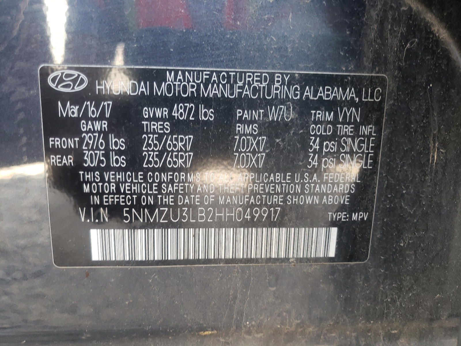 Photo 10 from auction – 2017 HYUNDAI SANTA FE S with VIN 5NMZU3LB2HH049917