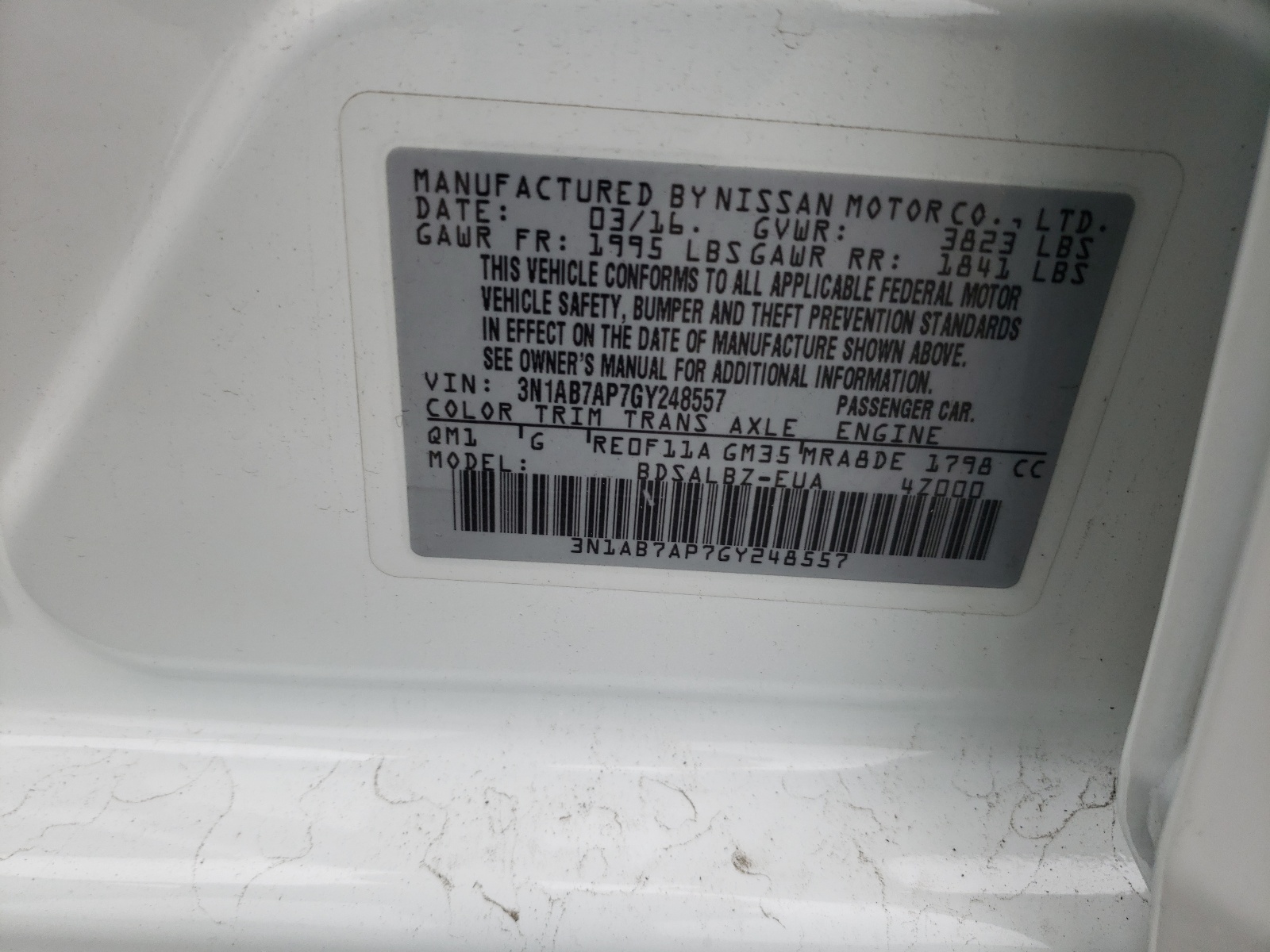Photo 10 from auction – 2016 NISSAN SENTRA S with VIN 3N1AB7AP7GY248557