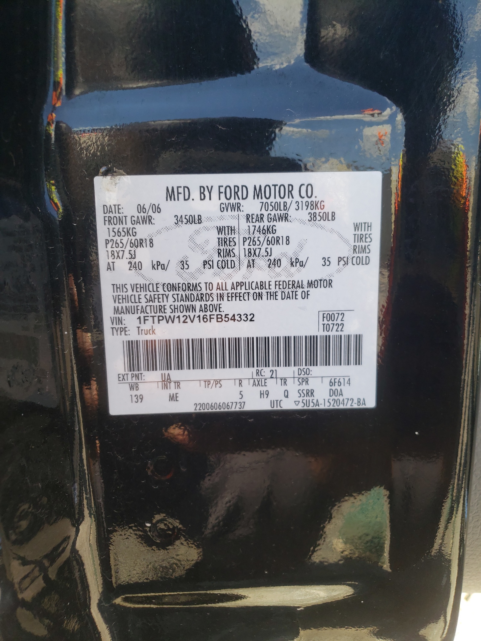 Photo 10 from auction – 2006 FORD F150 SUPER with VIN 1FTPW12V16FB54332