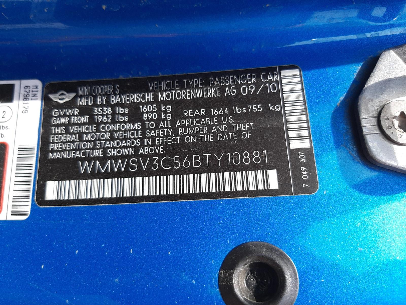 Photo 10 from auction – 2011 MINI COOPER S with VIN WMWSV3C56BTY10881
