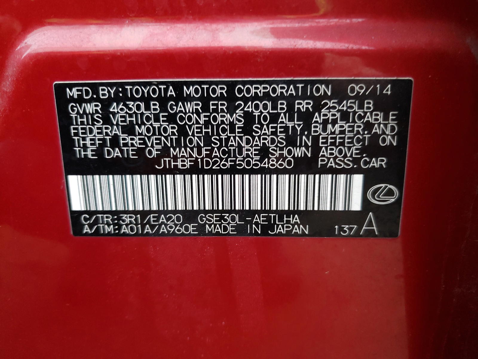 Photo 10 from auction – 2015 LEXUS IS 250 with VIN JTHBF1D26F5054860