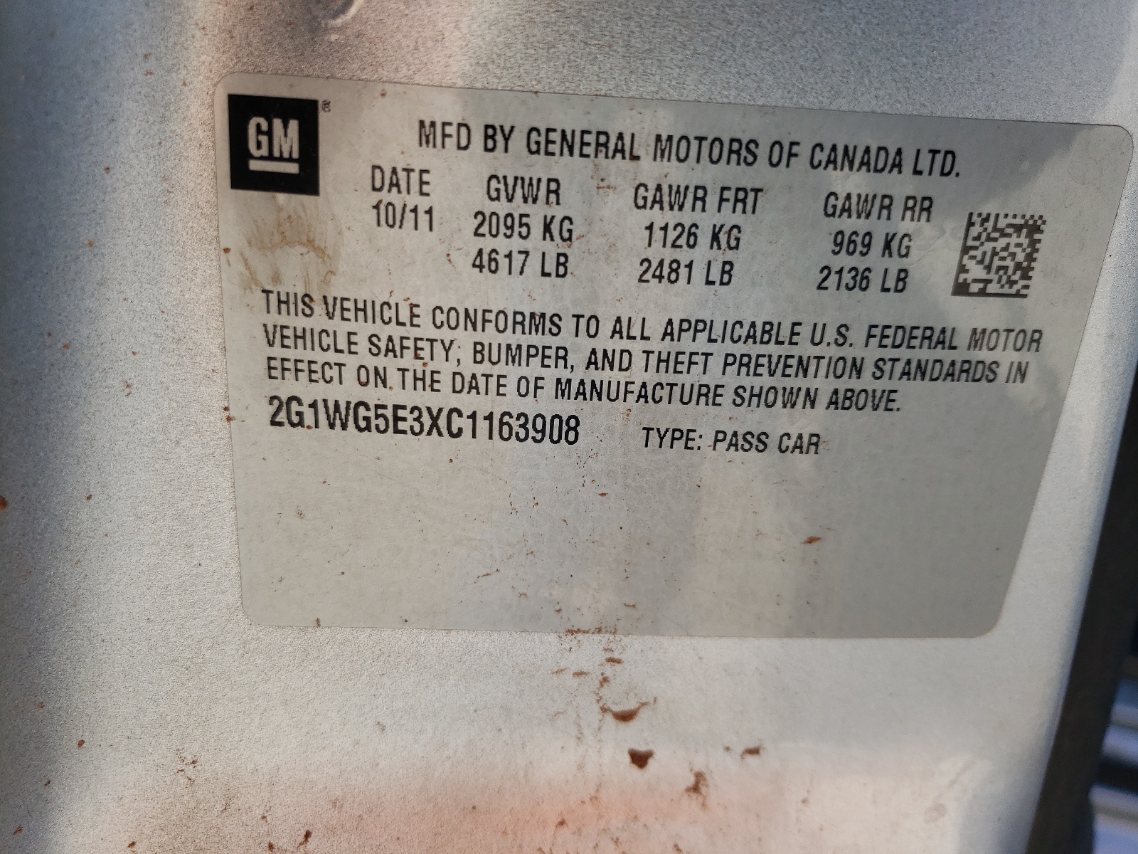 Photo 10 from auction – 2012 CHEVROLET IMPALA LT with VIN 2G1WG5E3XC1163908