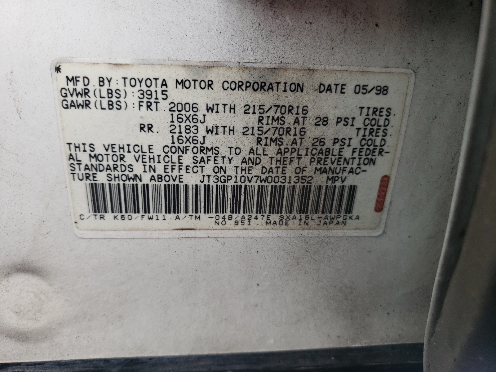 Photo 10 from auction – 1998 TOYOTA RAV4 with VIN JT3GP10V7W0031352