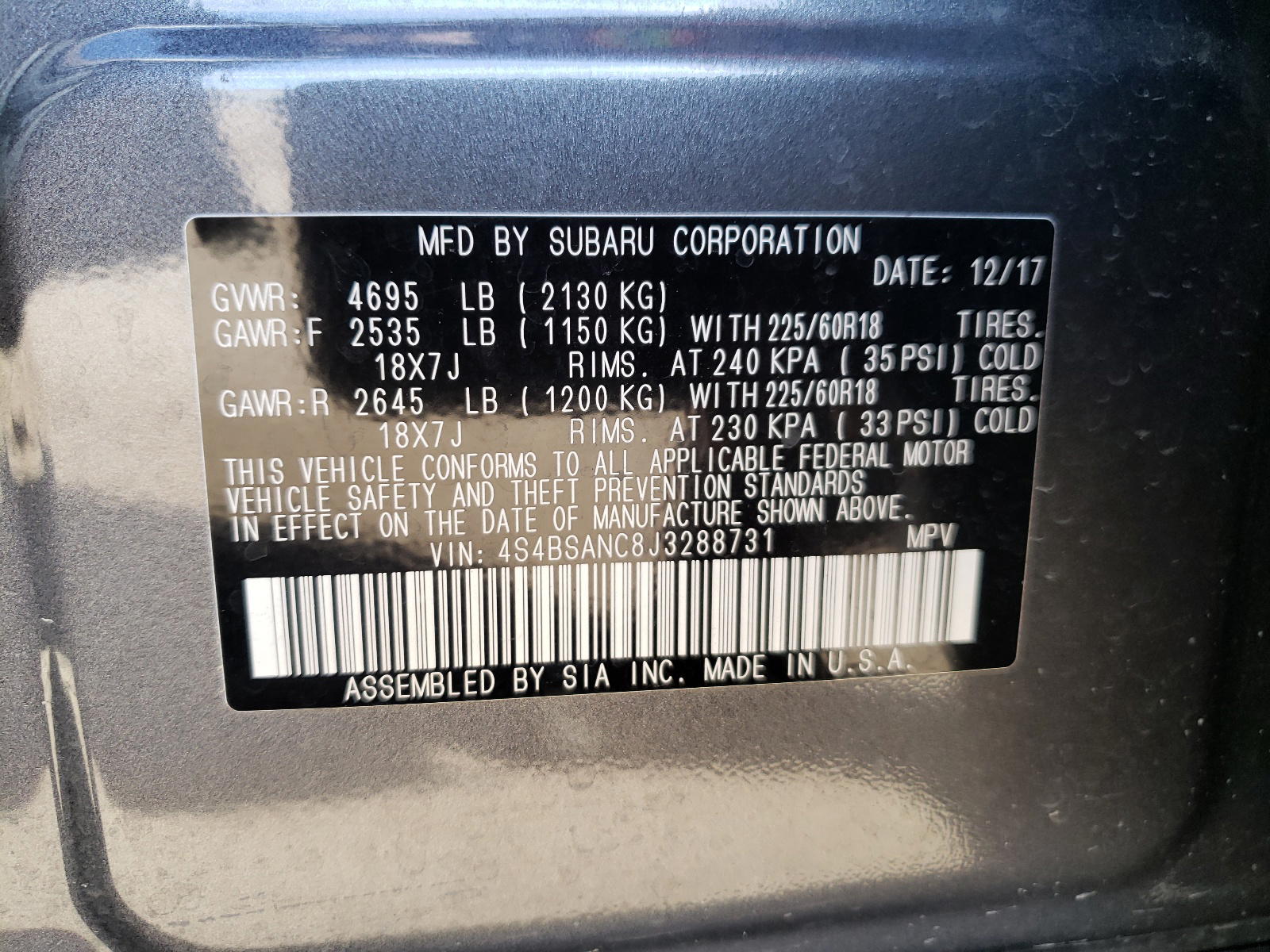 Photo 10 from auction – 2018 SUBARU OUTBACK 2. with VIN 4S4BSANC8J3288731