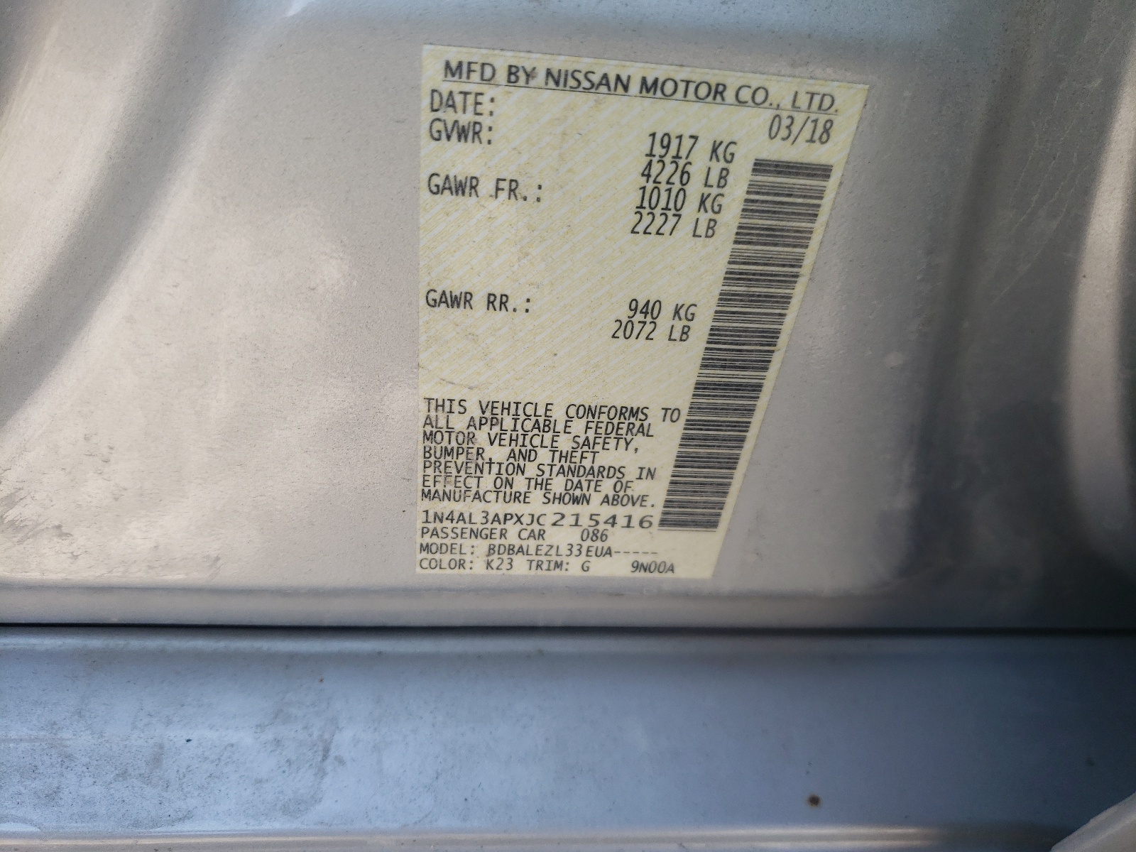 Photo 10 from auction – 2018 NISSAN ALTIMA 2.5 with VIN 1N4AL3APXJC215416