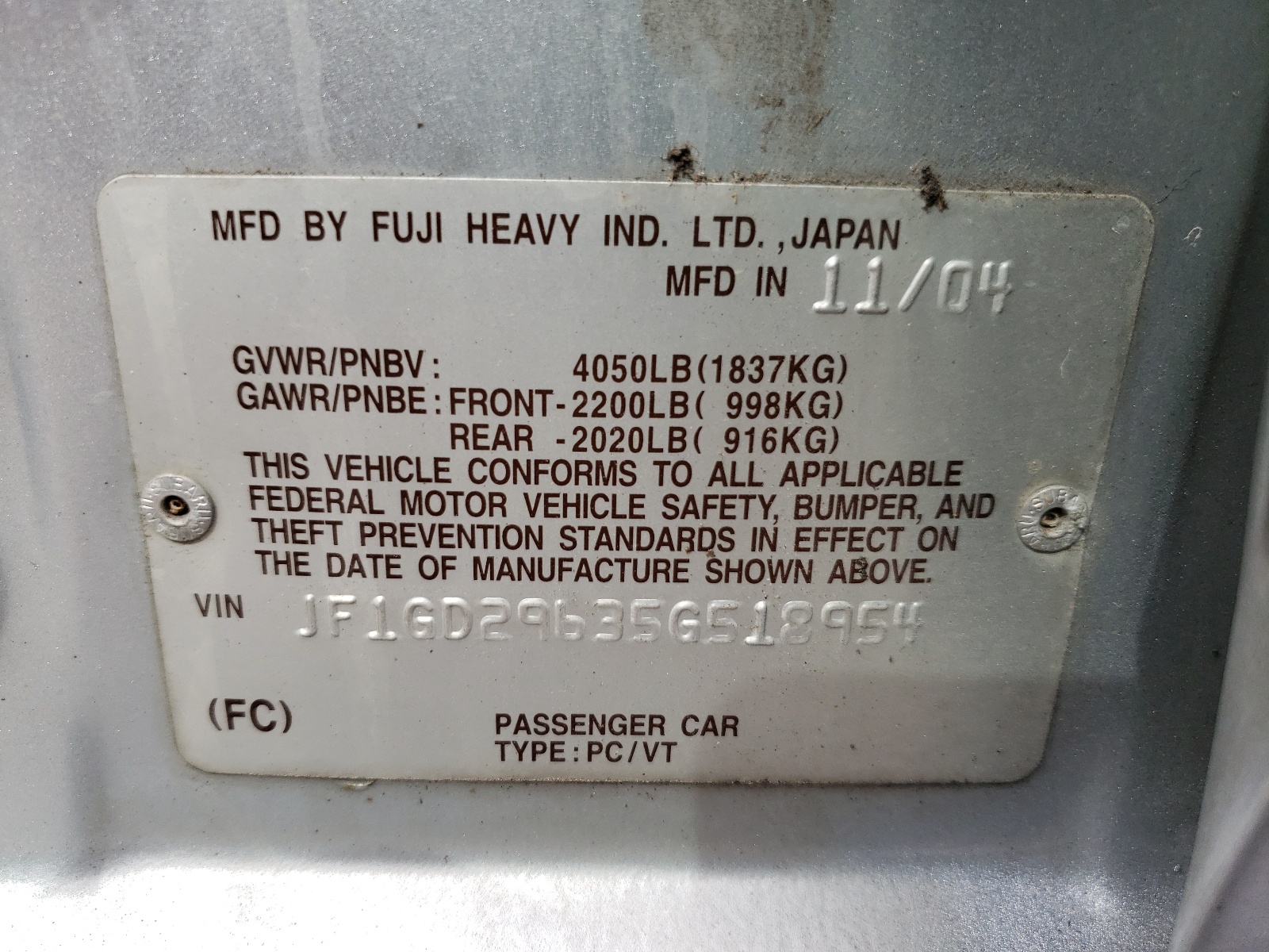 Photo 10 from auction – 2005 SUBARU IMPREZA WR with VIN JF1GD29635G518954