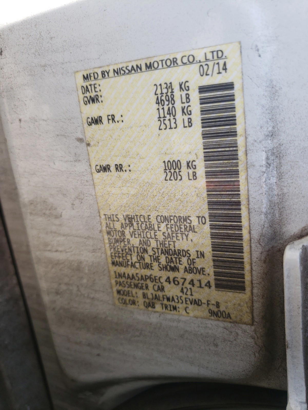 Photo 10 from auction – 2014 NISSAN MAXIMA S with VIN 1N4AA5AP6EC467414