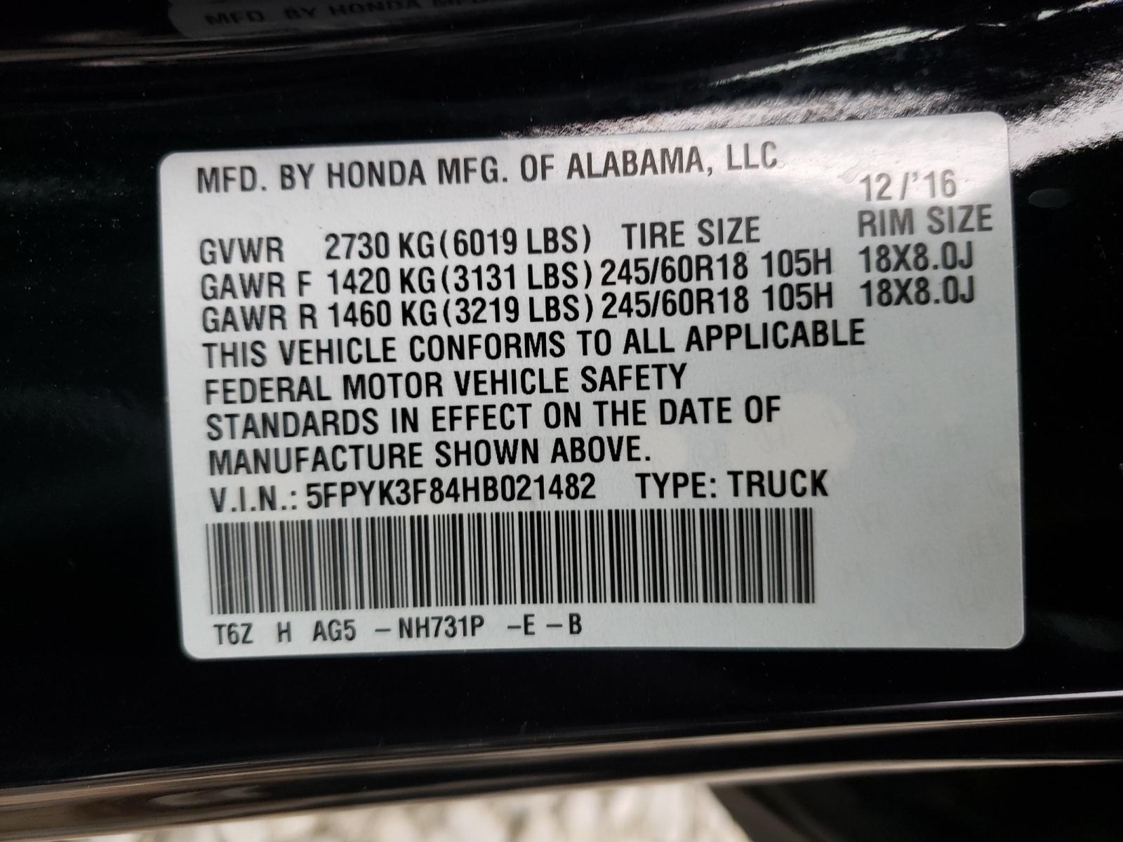 Photo 10 from auction – 2017 HONDA RIDGELINE with VIN 5FPYK3F84HB021482