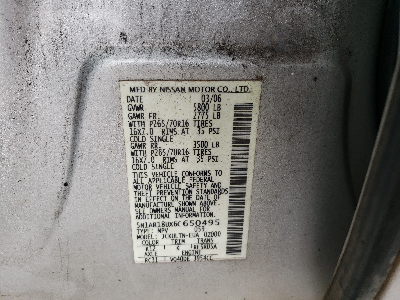 Photo 10 from auction – 2006 NISSAN PATHFINDER with VIN 5N1AR18UX6C650495