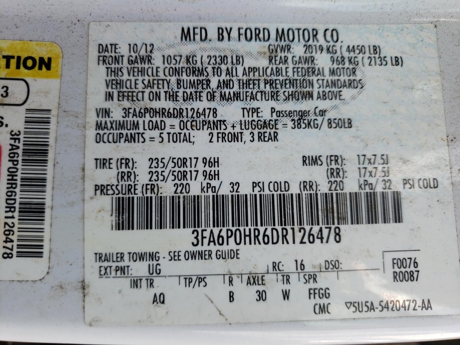Photo 10 from auction – 2013 FORD FUSION SE with VIN 3FA6P0HR6DR126478