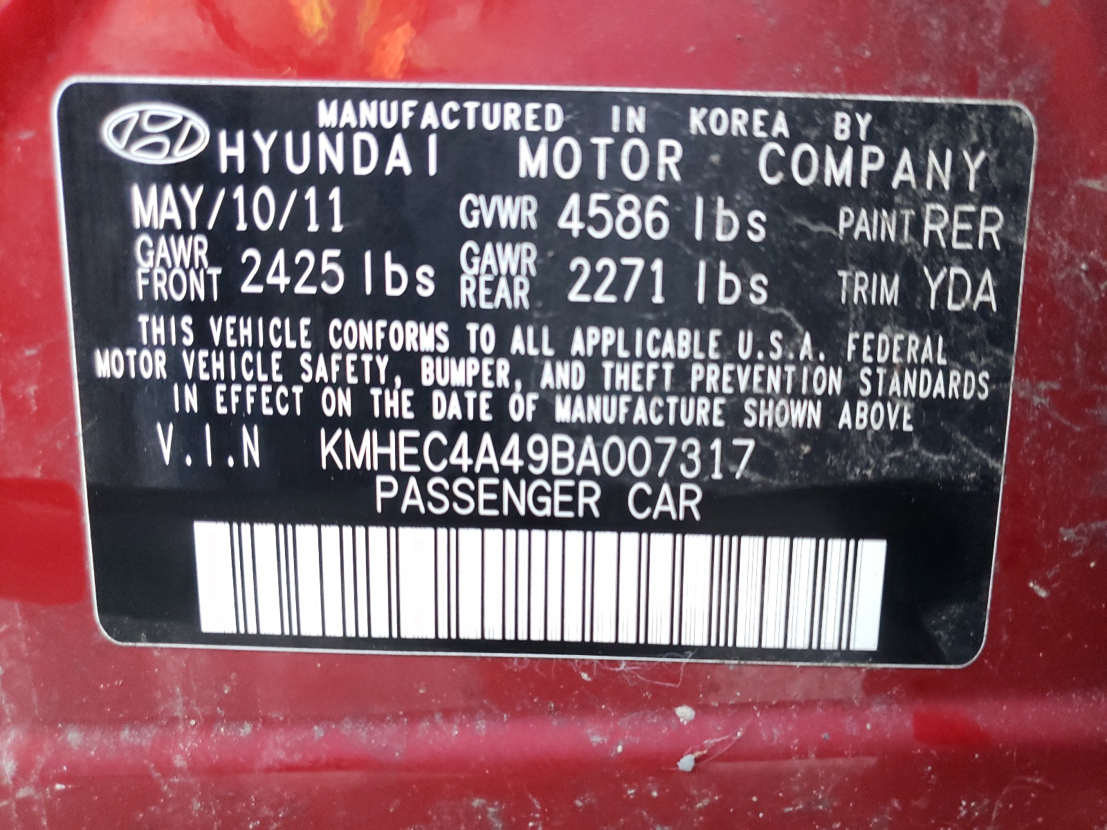 Photo 10 from auction – 2011 HYUNDAI SONATA HYB with VIN KMHEC4A49BA007317