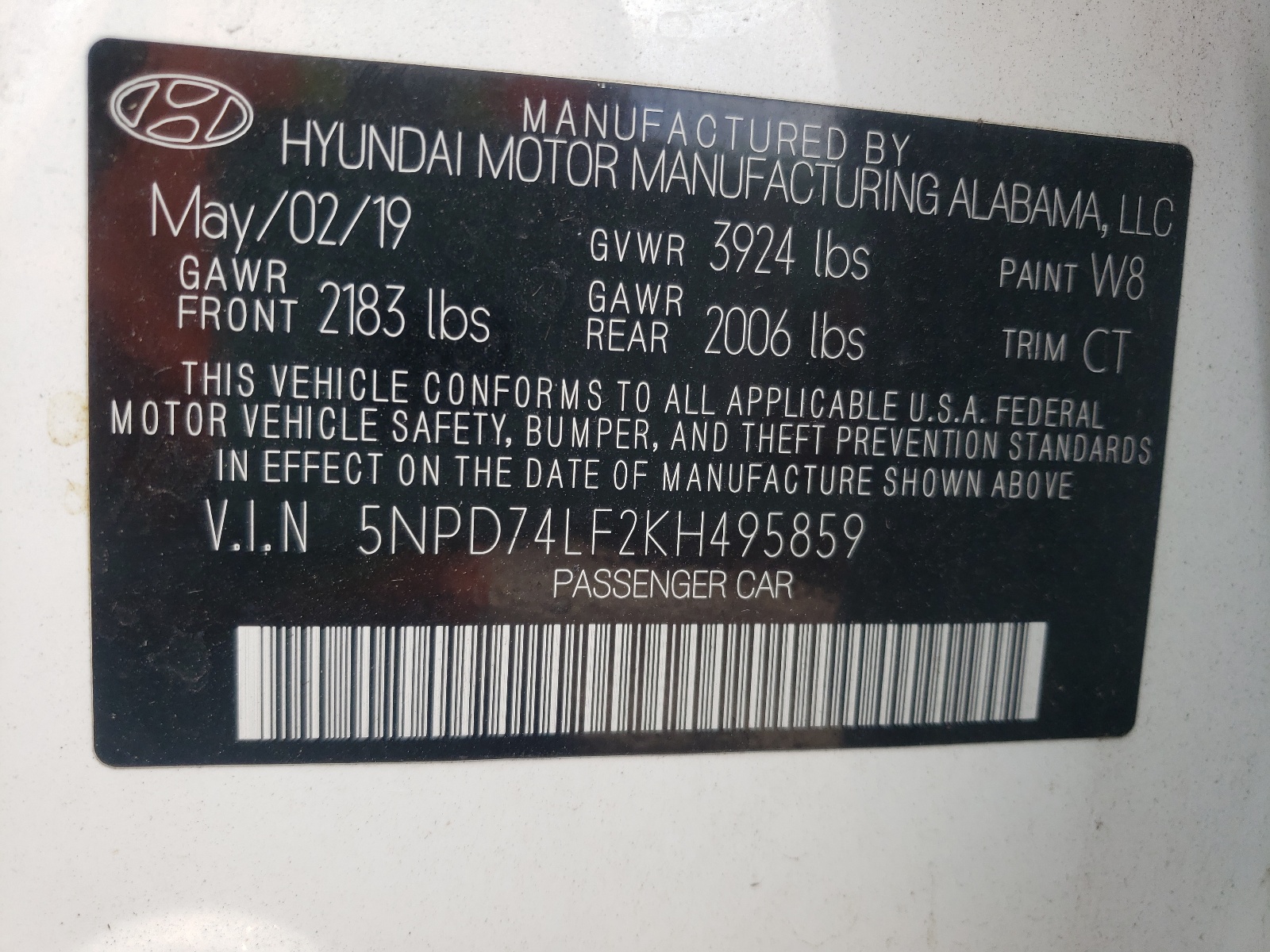 Photo 10 from auction – 2019 HYUNDAI ELANTRA SE with VIN 5NPD74LF2KH495859