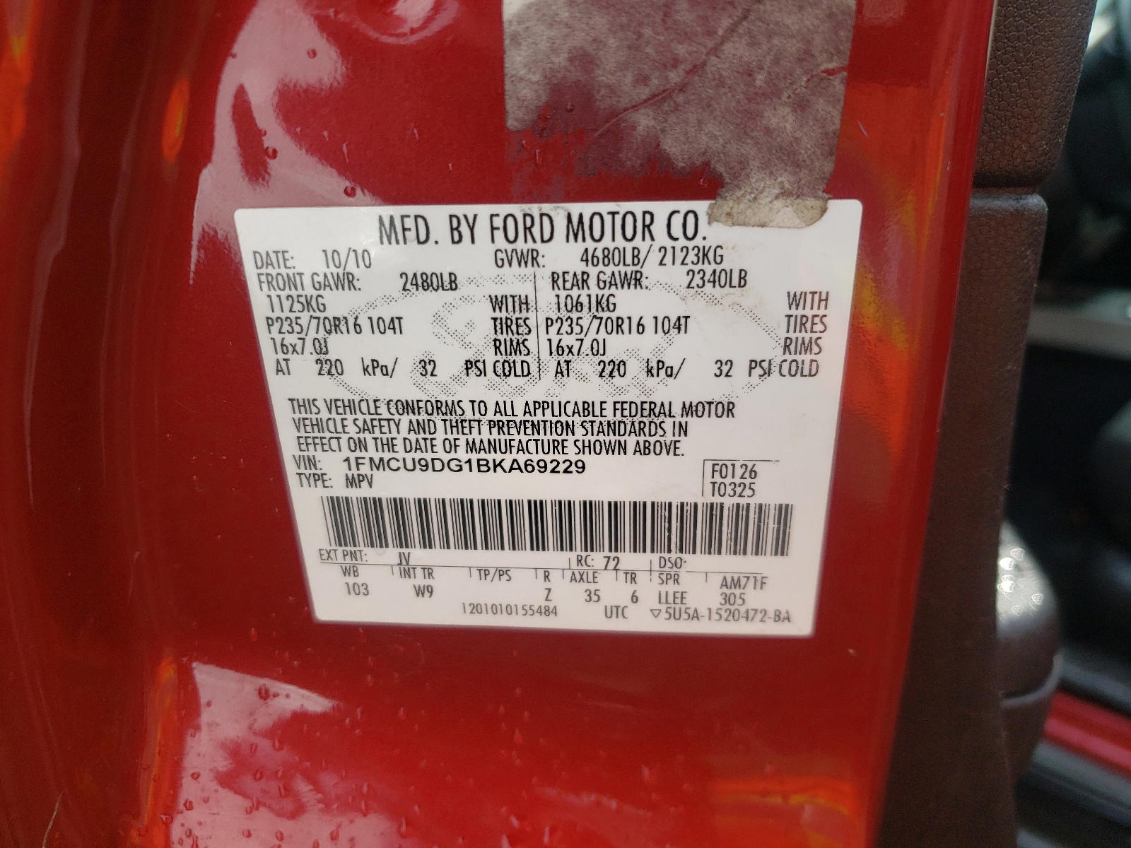 Photo 10 from auction – 2011 FORD ESCAPE with VIN 1FMCU9DG1BKA69229