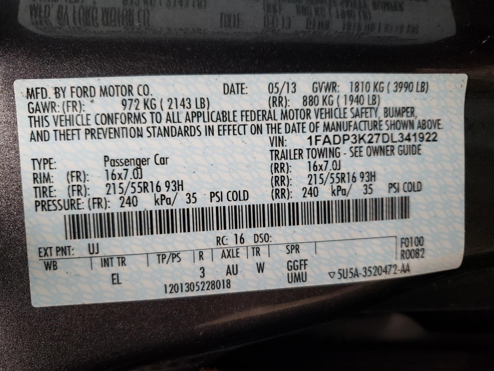 Photo 10 from auction – 2013 FORD FOCUS SE with VIN 1FADP3K27DL341922