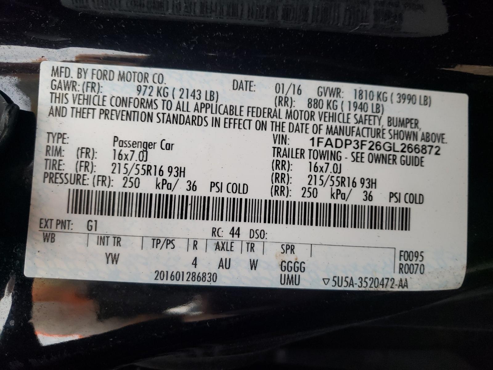 Photo 10 from auction – 2016 FORD FOCUS SE with VIN 1FADP3F26GL266872