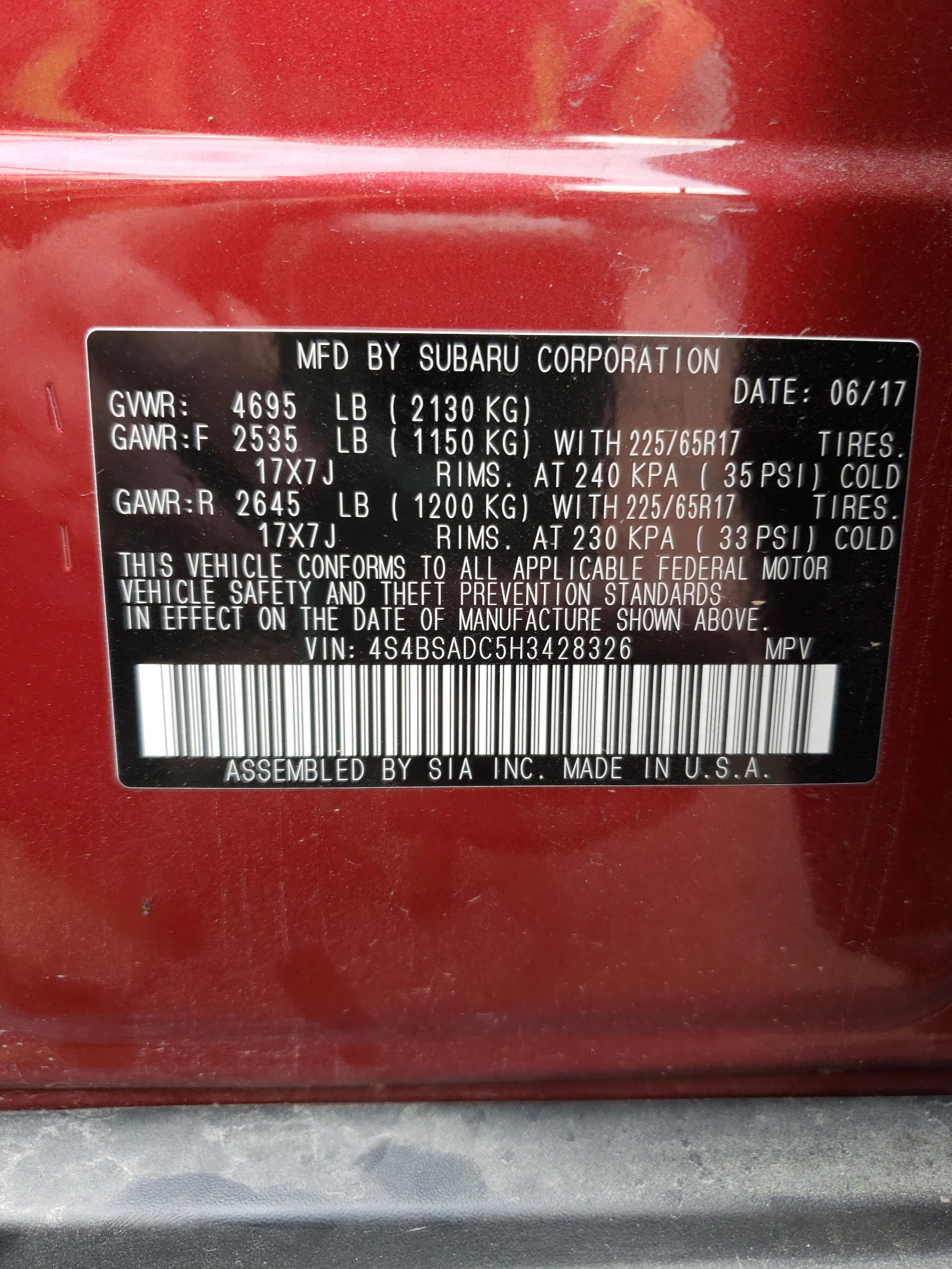 Photo 10 from auction – 2017 SUBARU OUTBACK 2. with VIN 4S4BSADC5H3428326