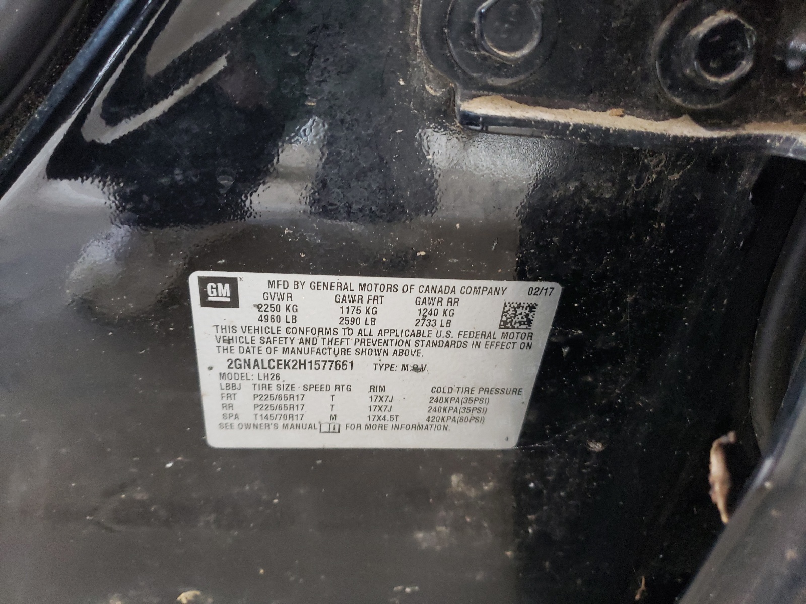 Photo 10 from auction – 2017 CHEVROLET EQUINOX LT with VIN 2GNALCEK2H1577661