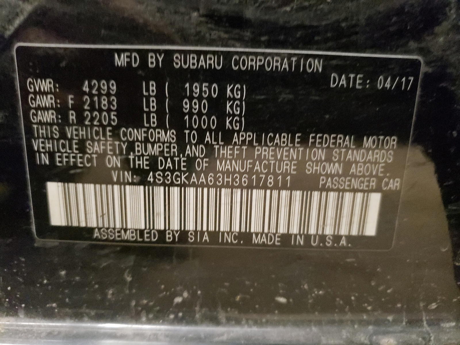 Photo 10 from auction – 2017 SUBARU IMPREZA with VIN 4S3GKAA63H3617811