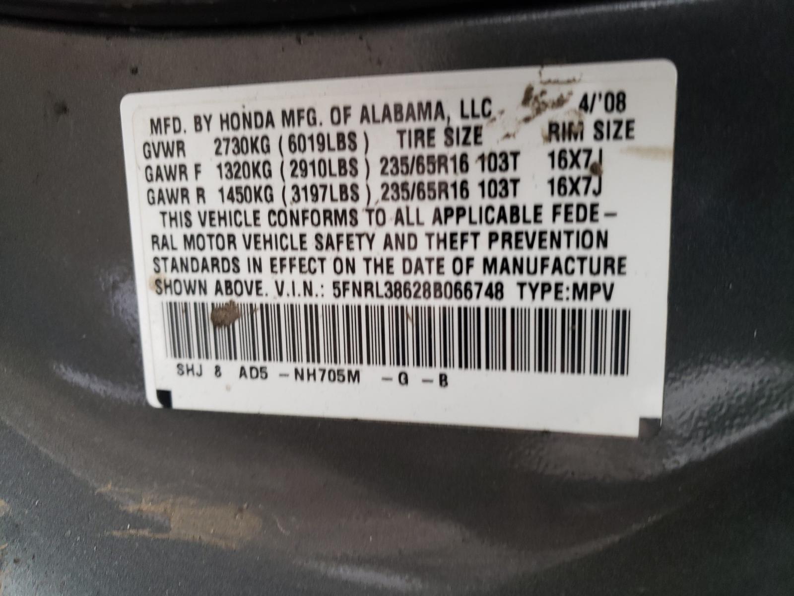 Photo 10 from auction – 2008 HONDA ODYSSEY EX with VIN 5FNRL38628B066748