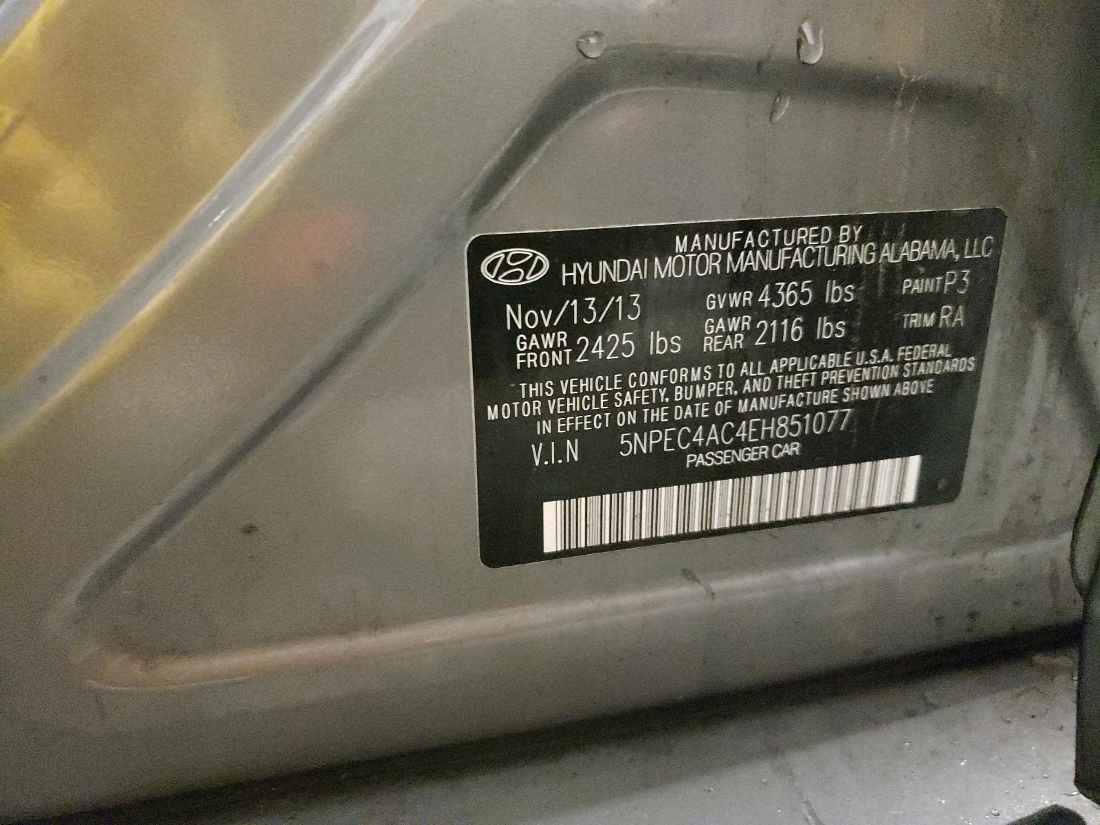 Photo 10 from auction – 2014 HYUNDAI SONATA SE with VIN 5NPEC4AC4EH851077