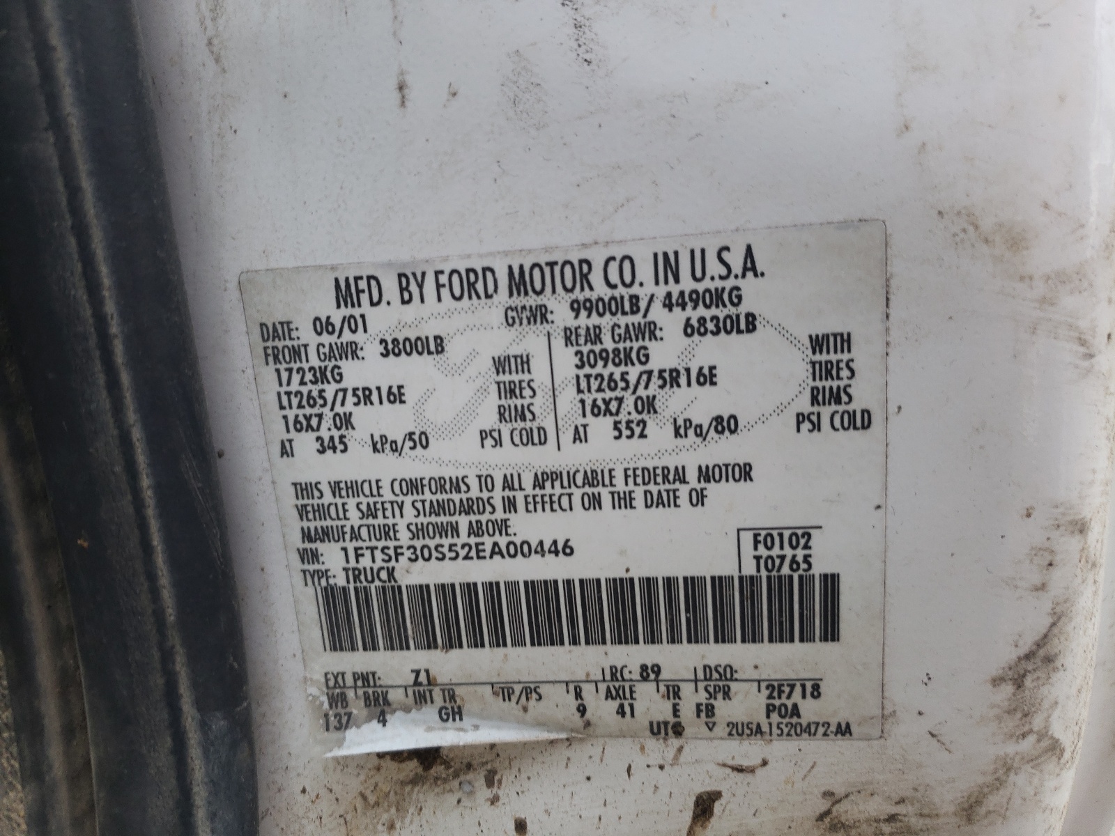 Photo 10 from auction – 2002 FORD F350 SRW S with VIN 1FTSF30S52EA00446