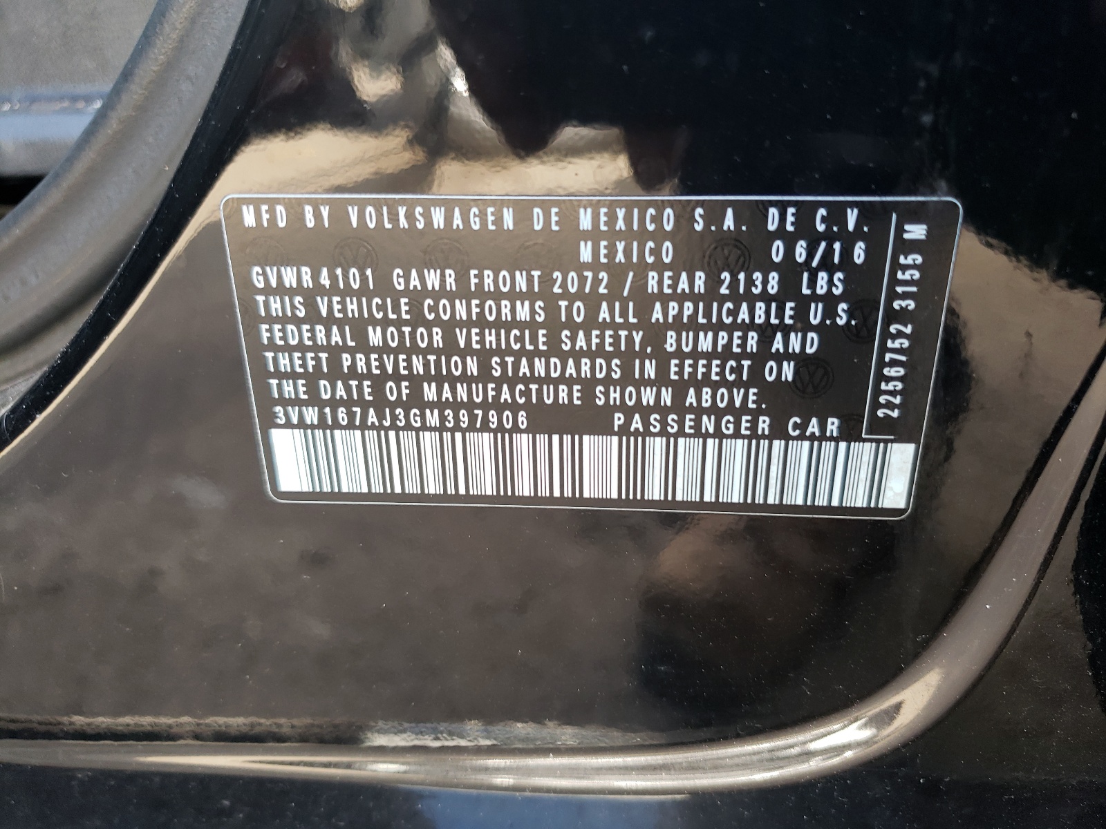 Photo 10 from auction – 2016 VOLKSWAGEN JETTA S with VIN 3VW167AJ3GM397906