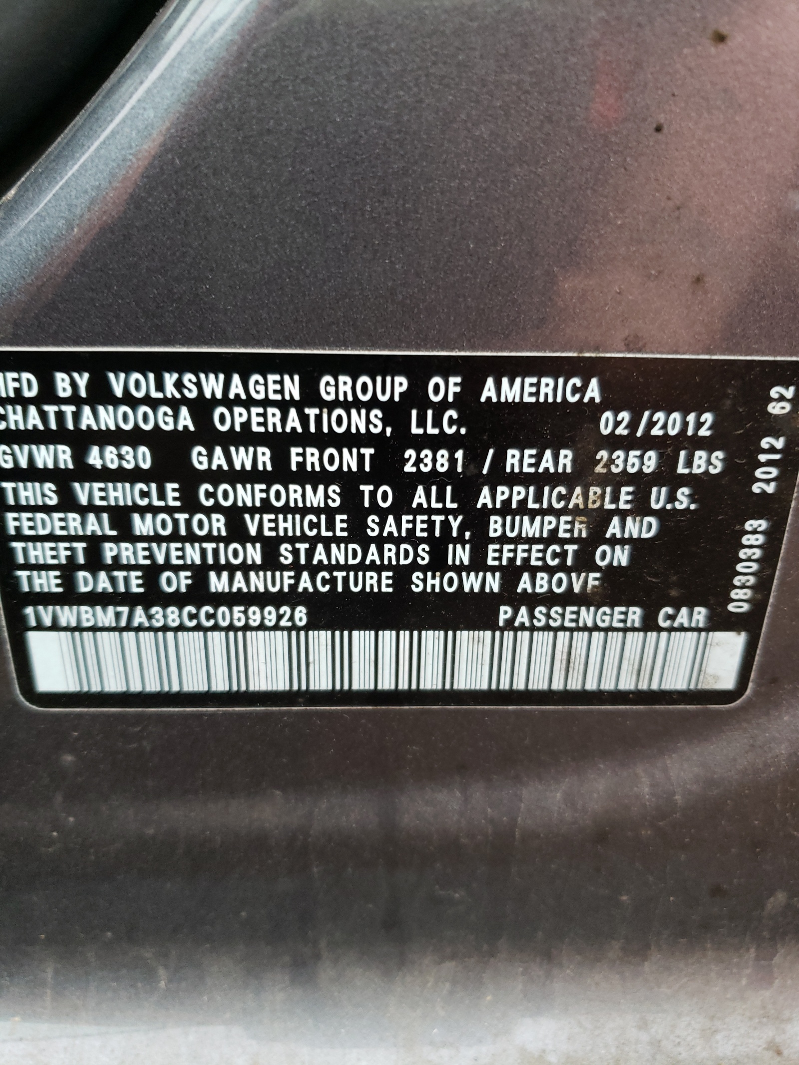 Photo 10 from auction – 2012 VOLKSWAGEN PASSAT SE with VIN 1VWBM7A38CC059926