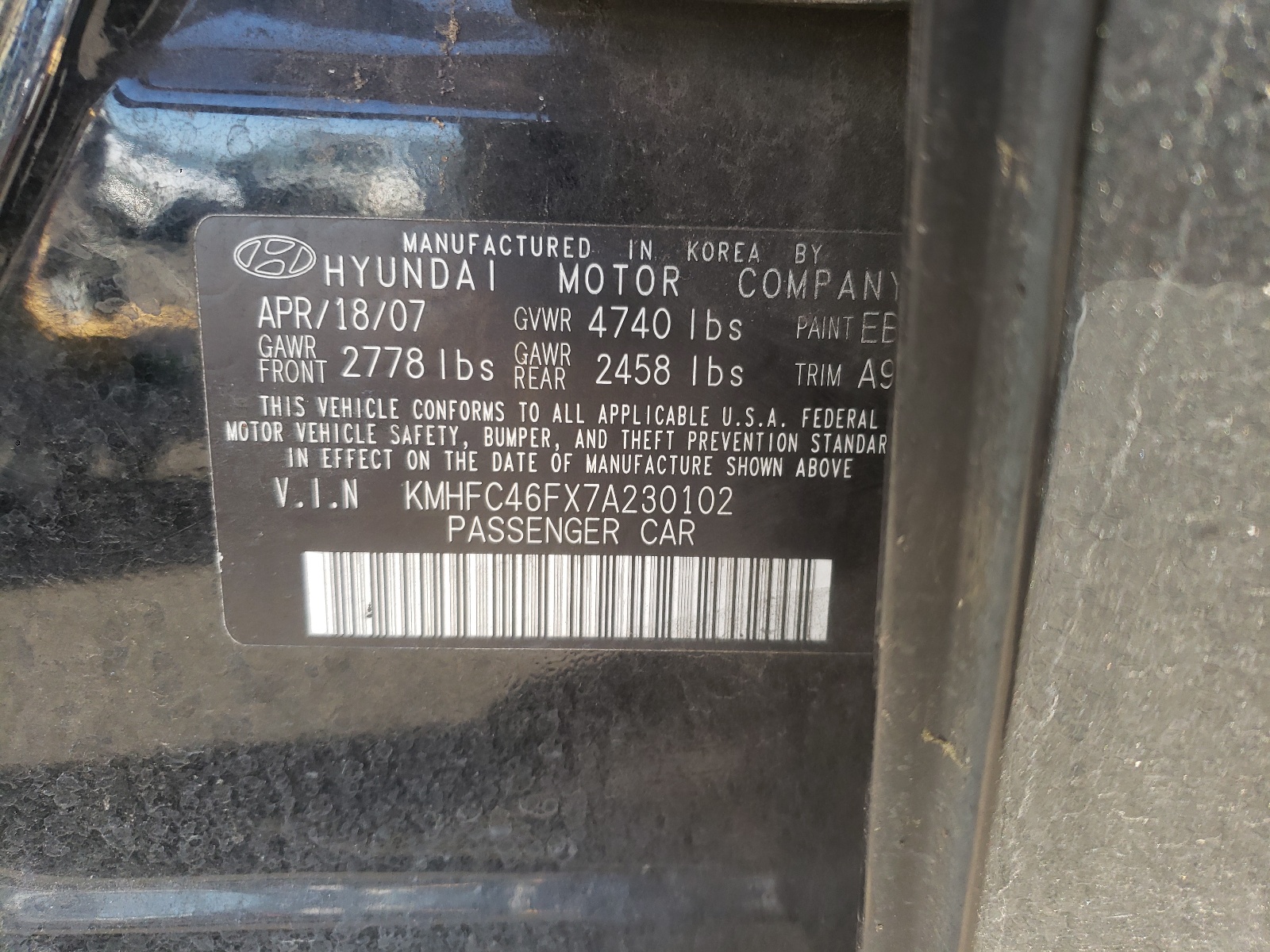 Photo 10 from auction – 2007 HYUNDAI AZERA SE with VIN KMHFC46FX7A230102