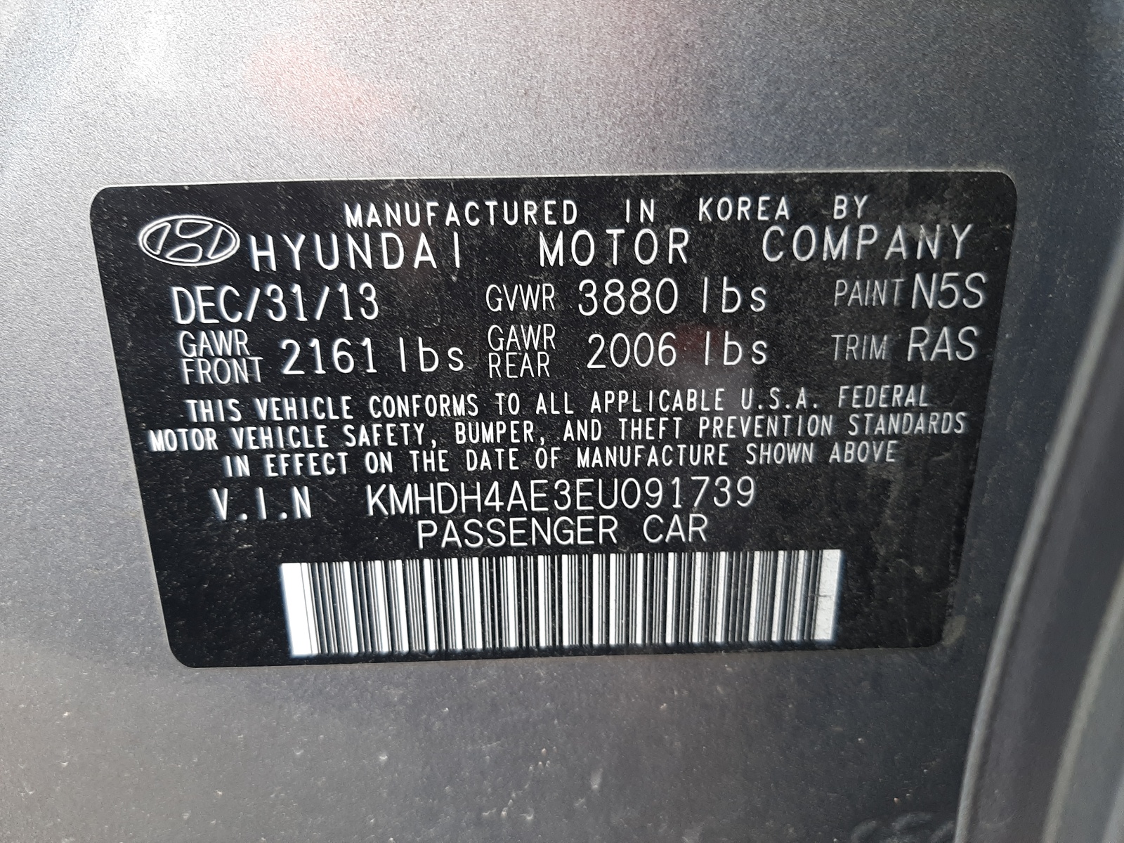 Photo 10 from auction – 2014 HYUNDAI ELANTRA SE with VIN KMHDH4AE3EU091739
