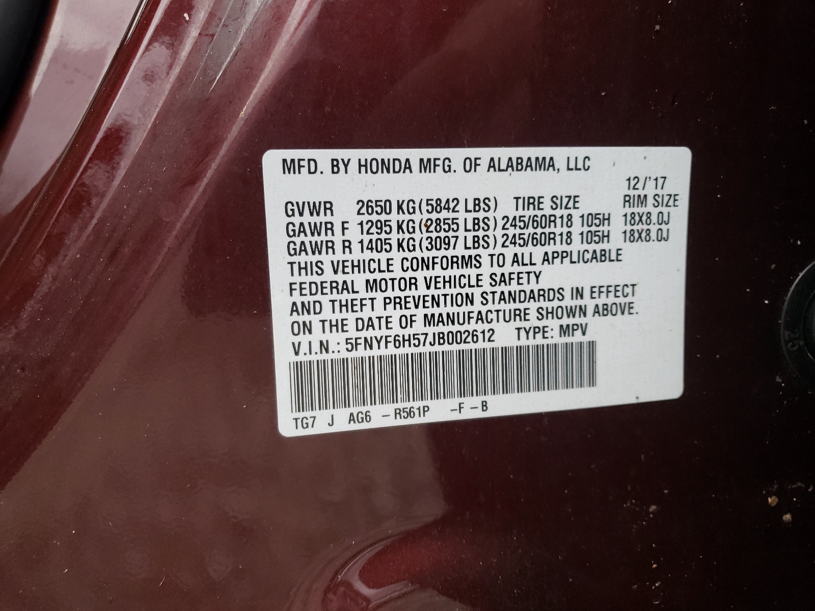 Photo 10 from auction – 2018 HONDA PILOT EXL with VIN 5FNYF6H57JB002612