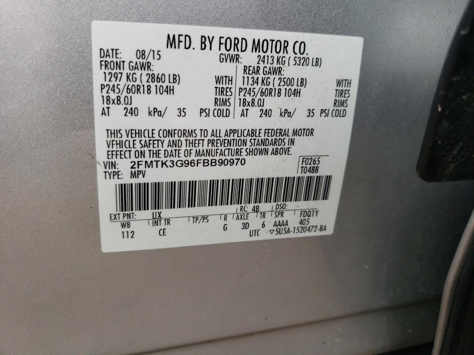 Photo 10 from auction – 2015 FORD EDGE SE with VIN 2FMTK3G96FBB90970