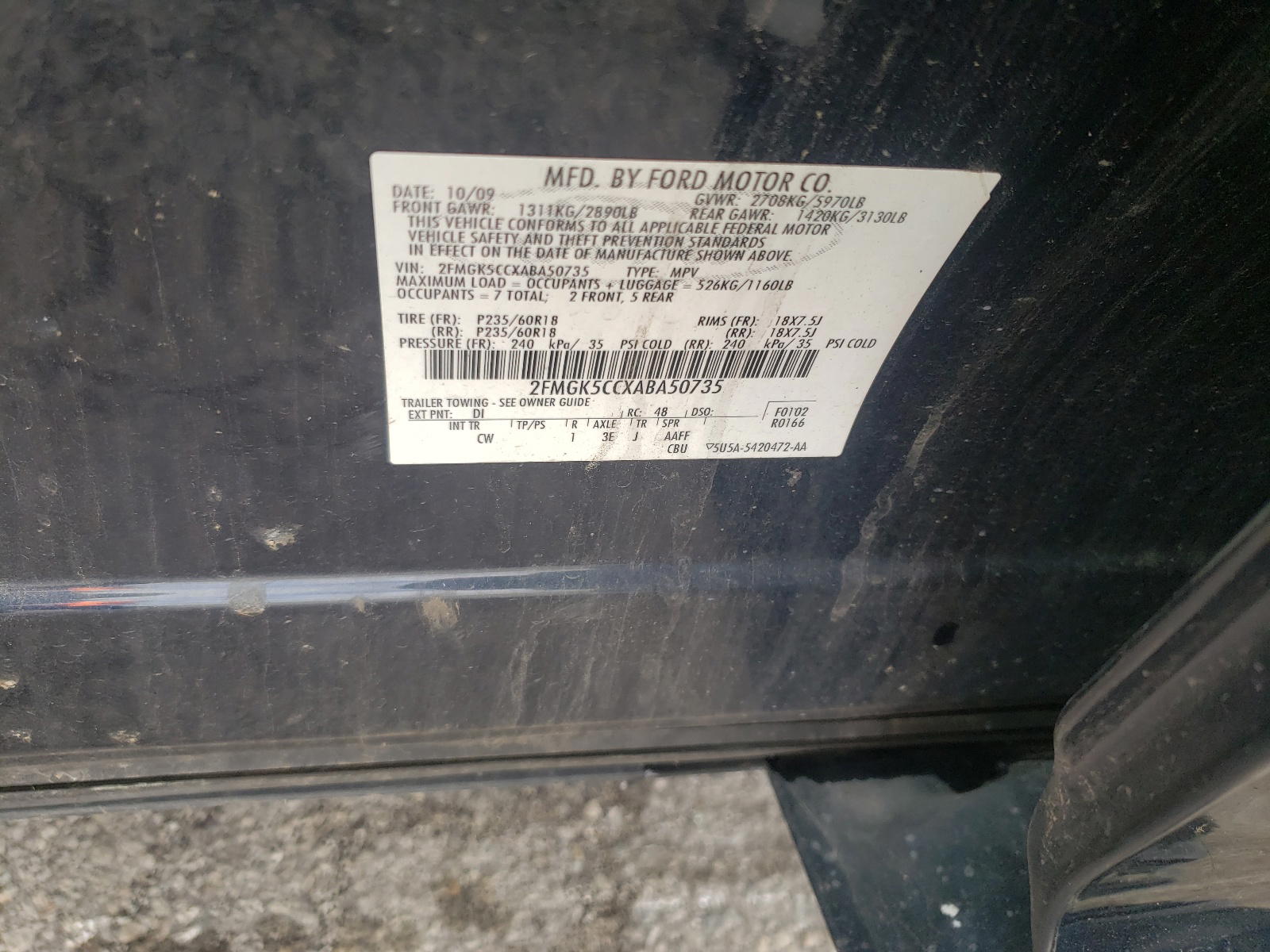 Photo 10 from auction – 2010 FORD FLEX SEL with VIN 2FMGK5CCXABA50735