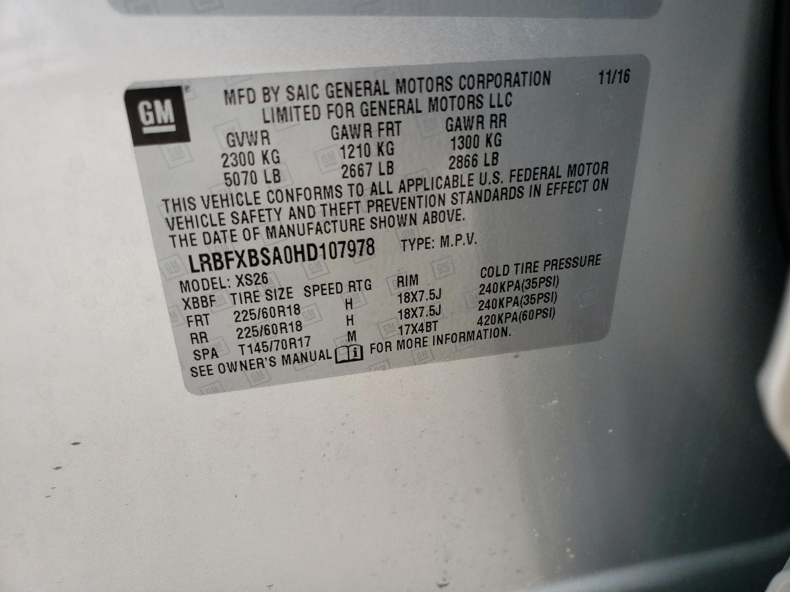 Photo 10 from auction – 2017 BUICK ENVISION E with VIN LRBFXBSA0HD107978