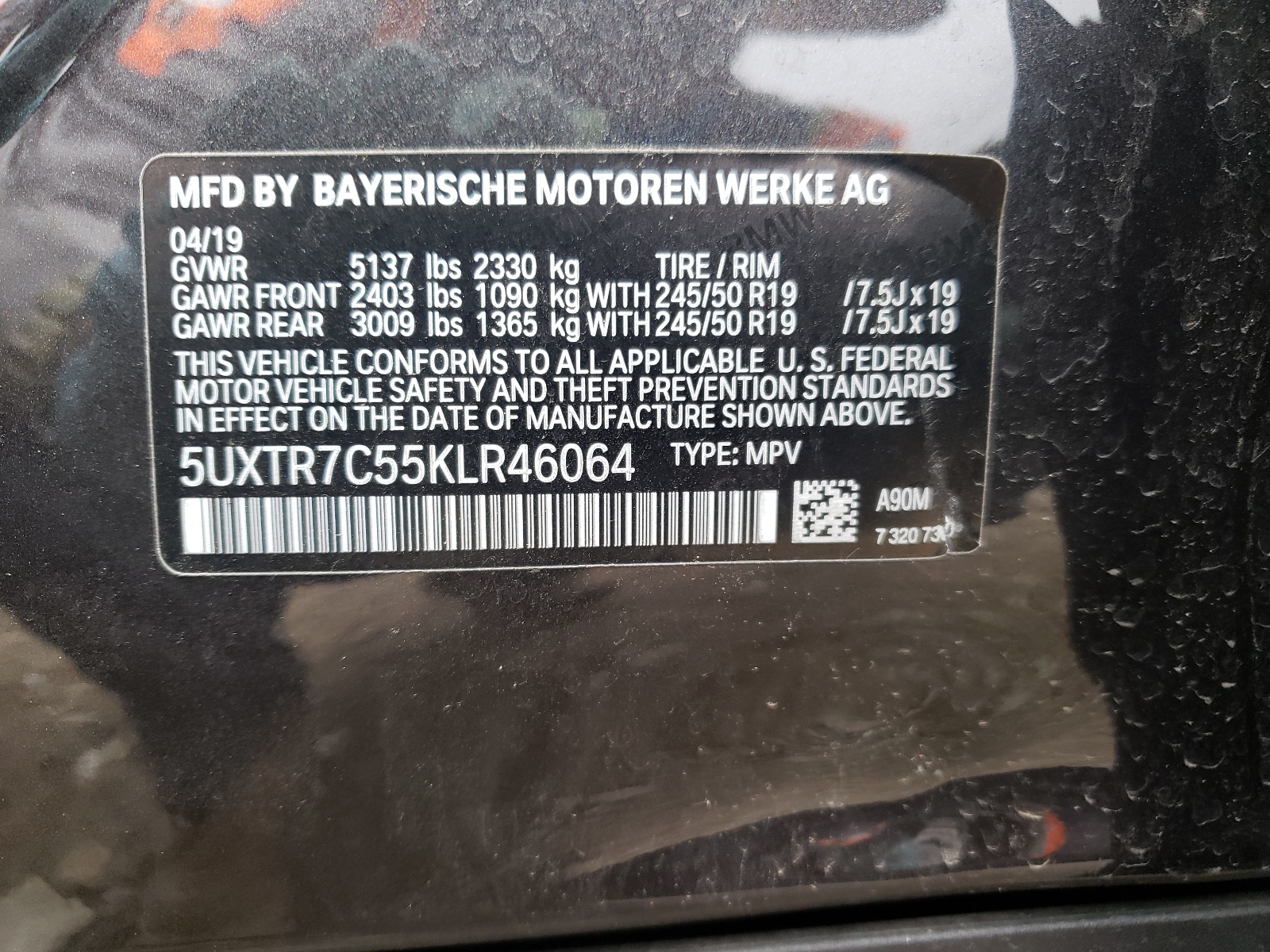Photo 10 from auction – 2019 BMW X3 SDRIVE3 with VIN 5UXTR7C55KLR46064