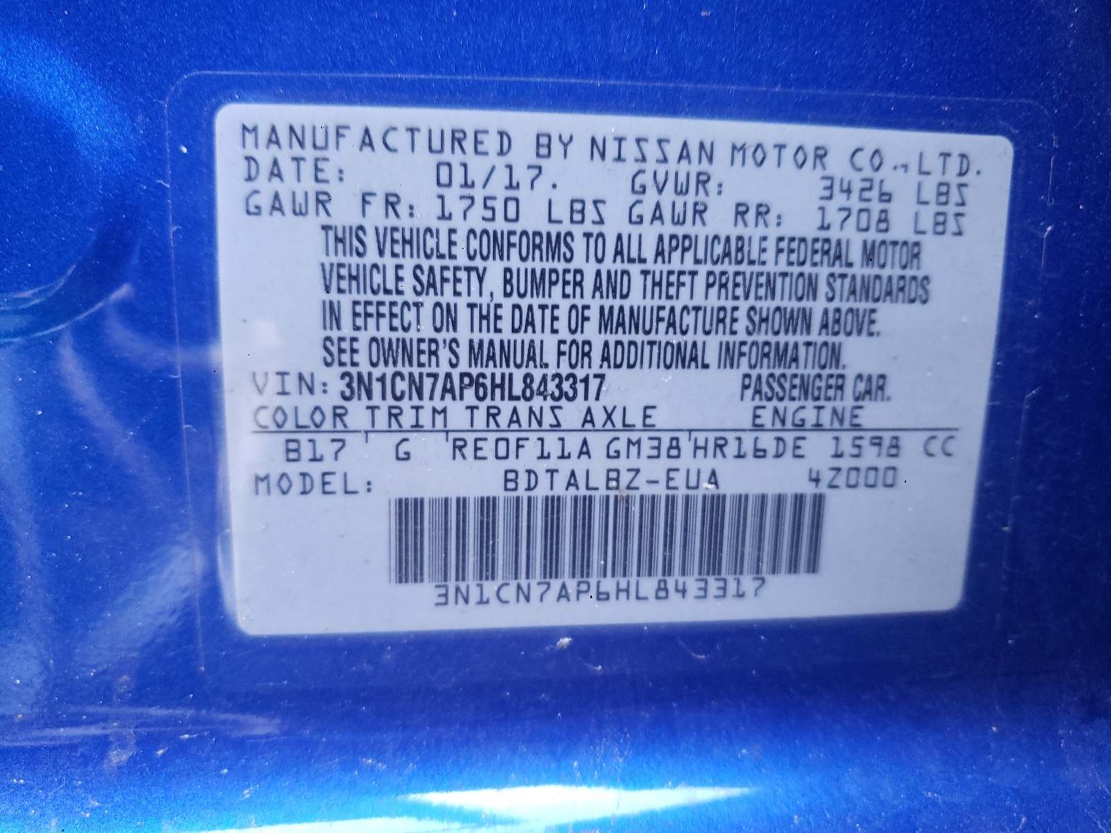Photo 10 from auction – 2017 NISSAN VERSA S with VIN 3N1CN7AP6HL843317