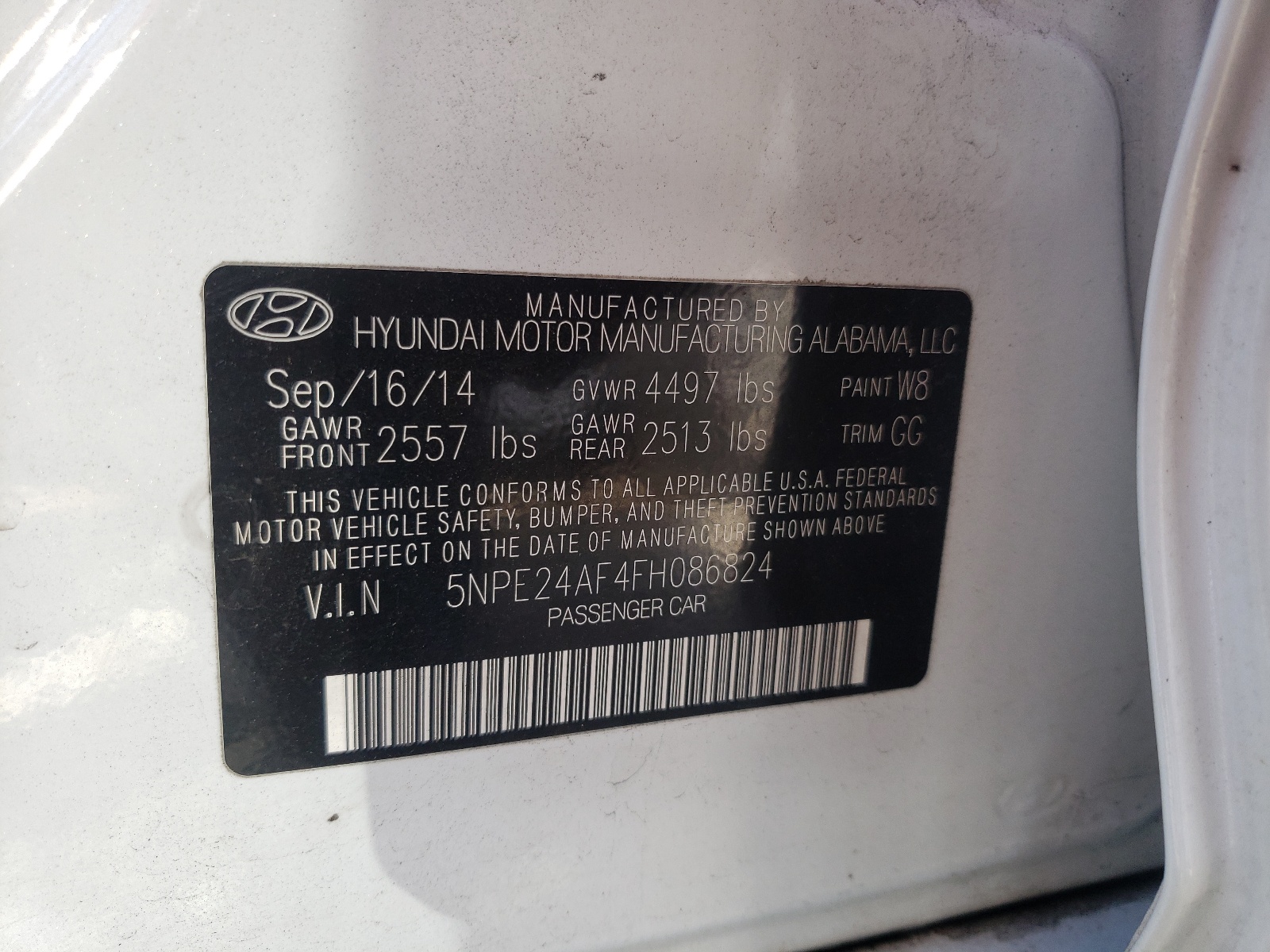 Photo 10 from auction – 2015 HYUNDAI SONATA SE with VIN 5NPE24AF4FH086824