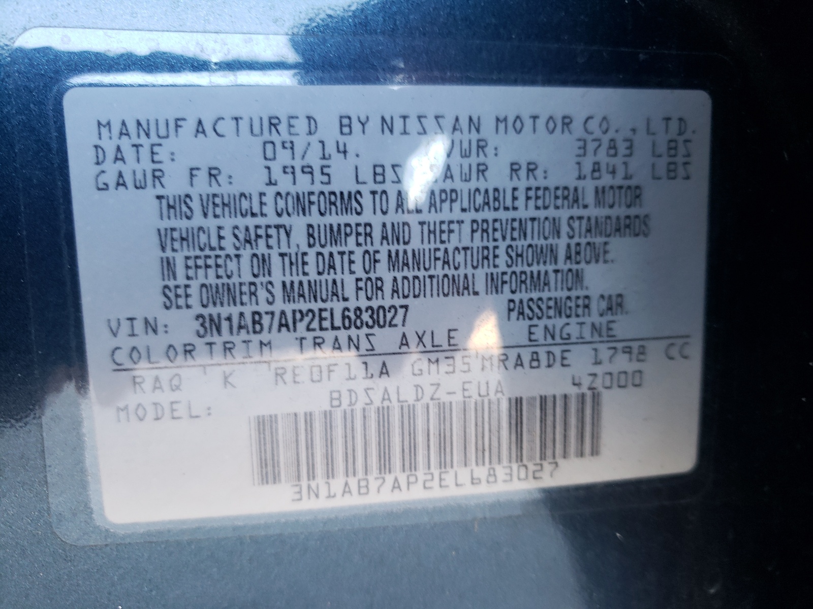 Photo 10 from auction – 2014 NISSAN SENTRA S with VIN 3N1AB7AP2EL683027
