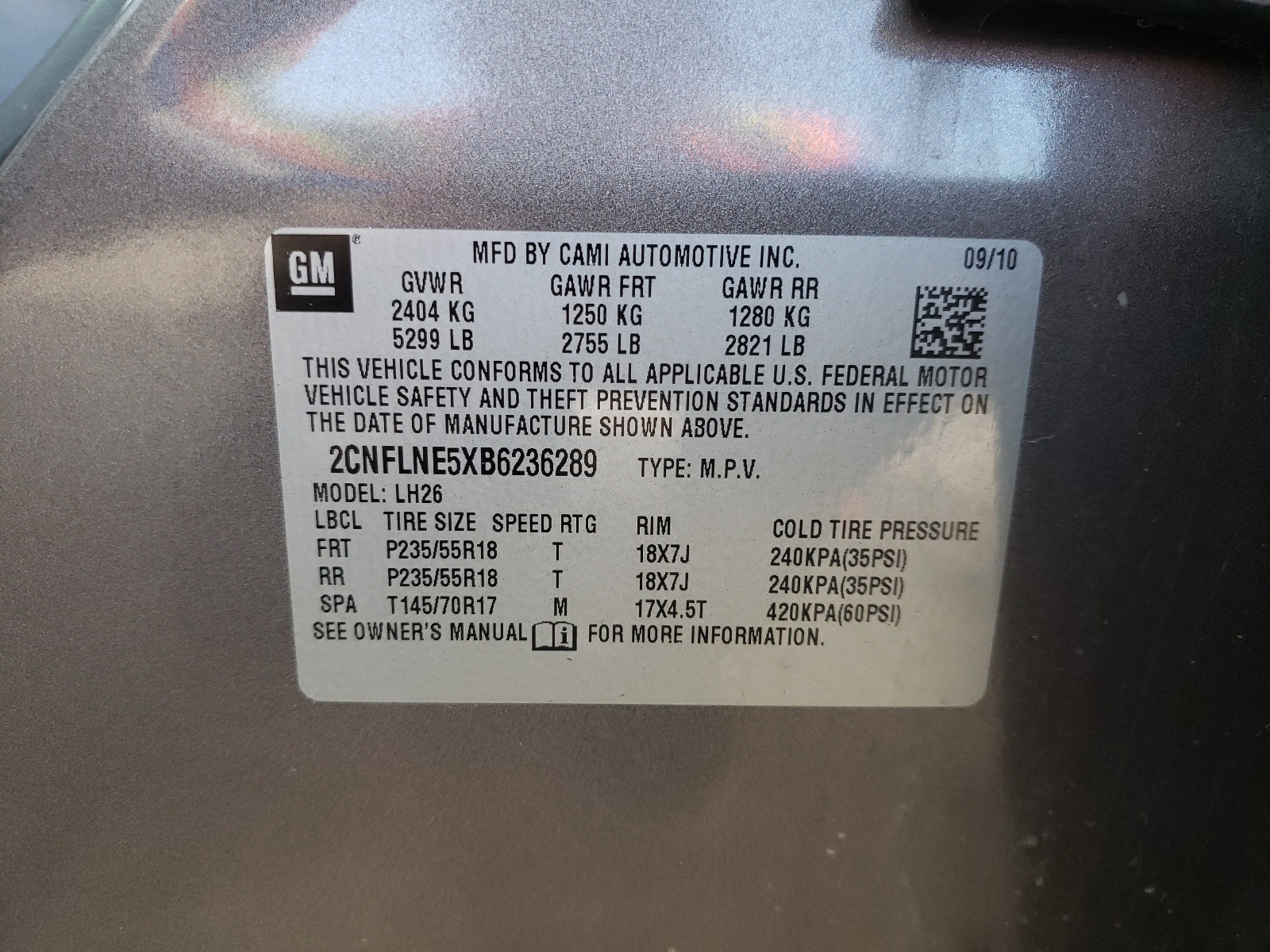 Photo 10 from auction – 2011 CHEVROLET EQUINOX LT with VIN 2CNFLNE5XB6236289