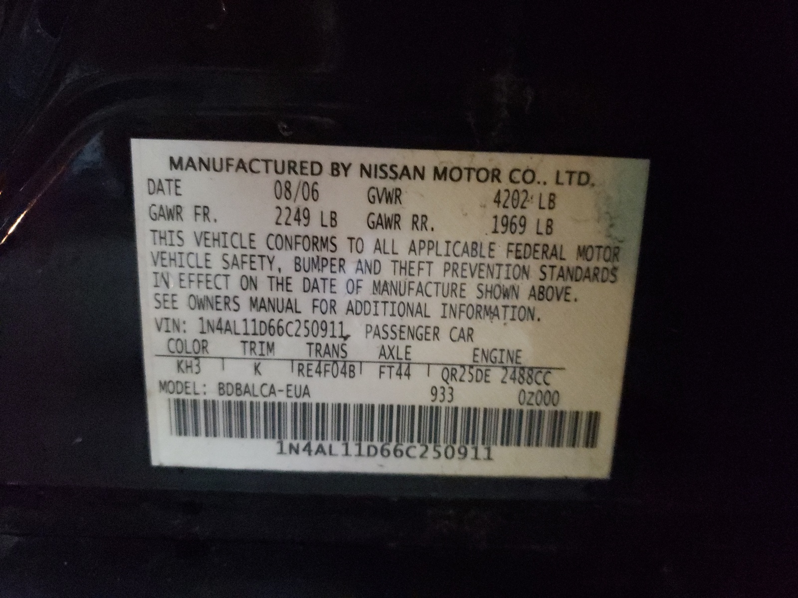 Photo 10 from auction – 2006 NISSAN ALTIMA S with VIN 1N4AL11D66C250911