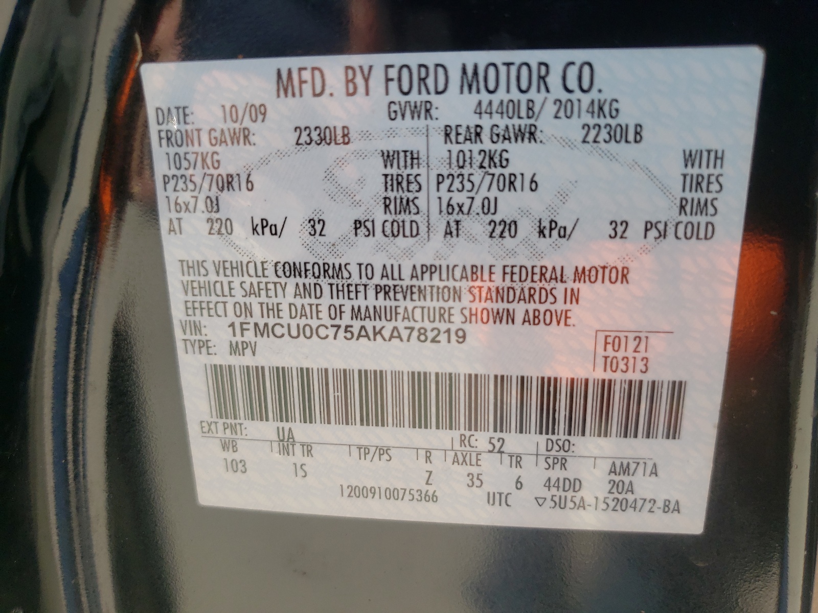 Photo 10 from auction – 2010 FORD ESCAPE XLS with VIN 1FMCU0C75AKA78219
