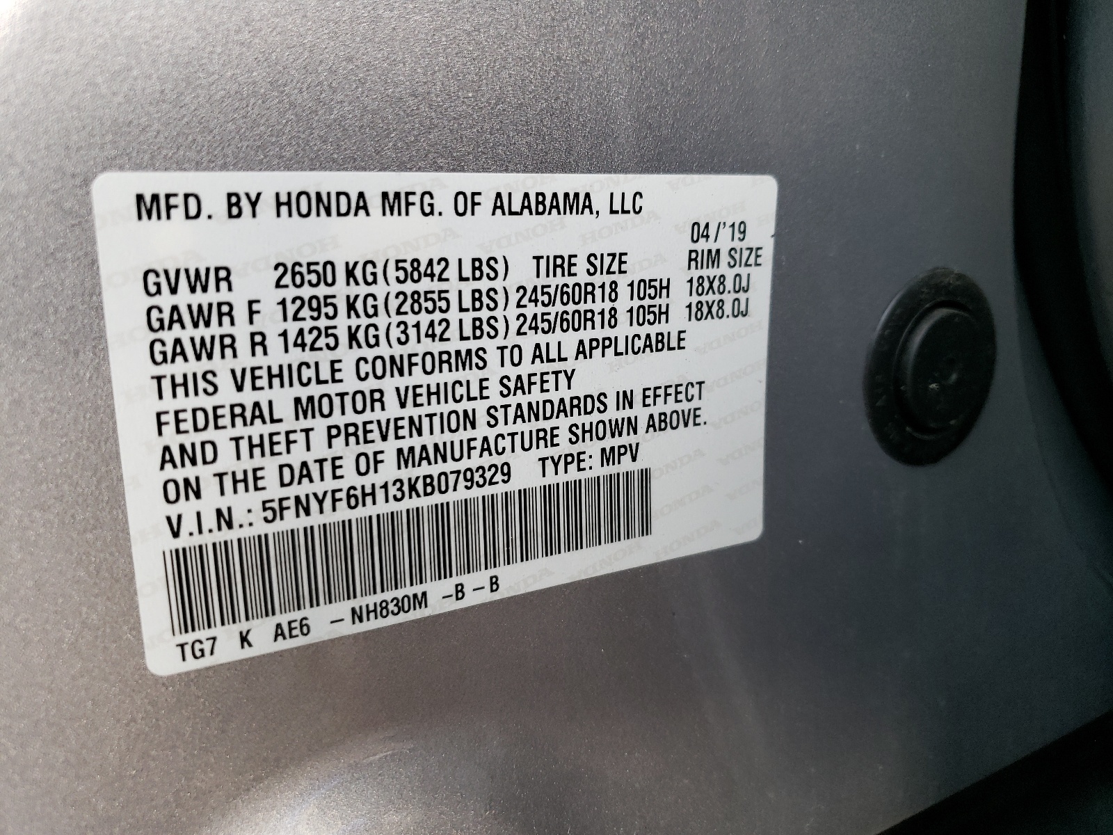 Photo 10 from auction – 2019 HONDA PILOT LX with VIN 5FNYF6H13KB079329