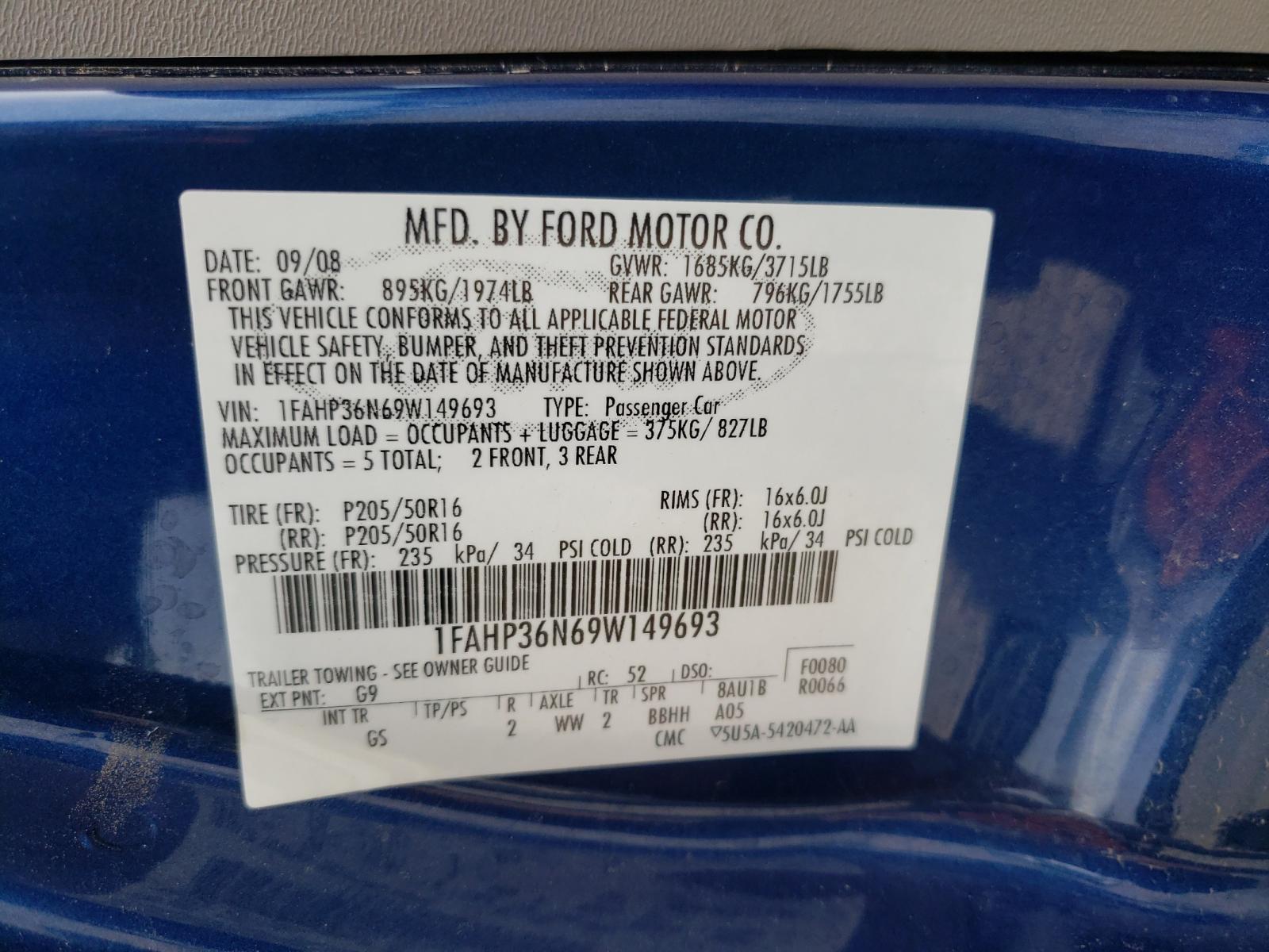 Photo 10 from auction – 2009 FORD FOCUS SES with VIN 1FAHP36N69W149693