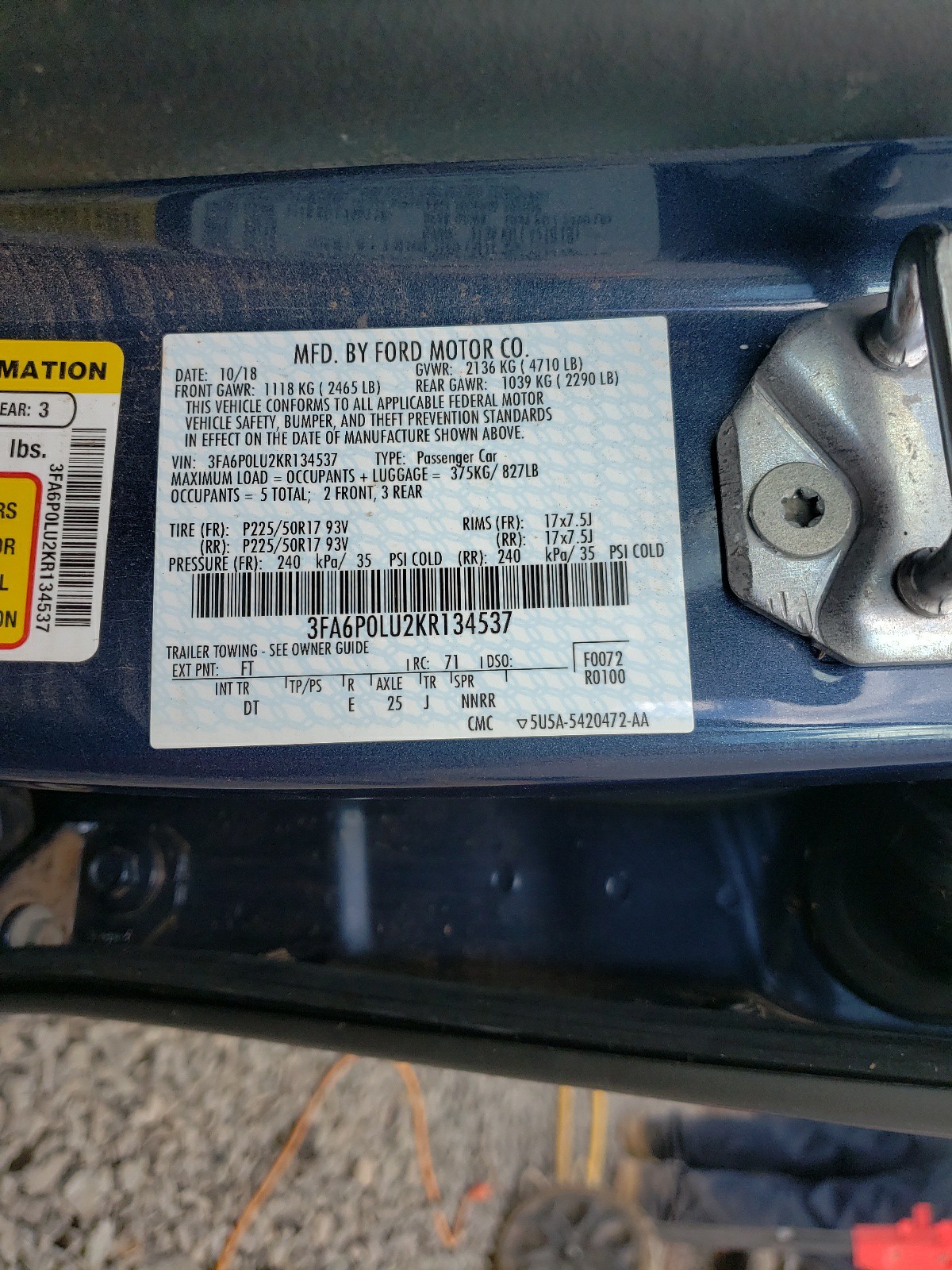 Photo 10 from auction – 2019 FORD FUSION SE with VIN 3FA6P0LU2KR134537