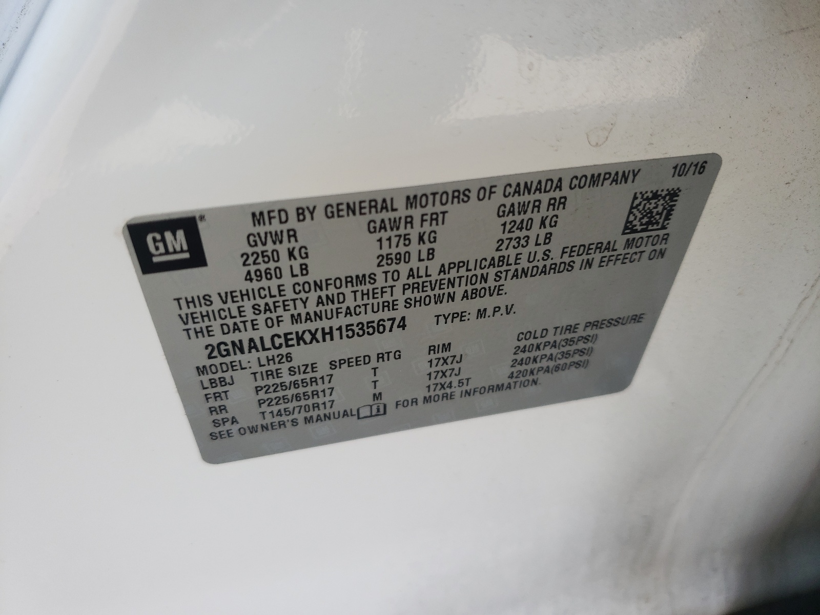 Photo 10 from auction – 2017 CHEVROLET EQUINOX LT with VIN 2GNALCEKXH1535674