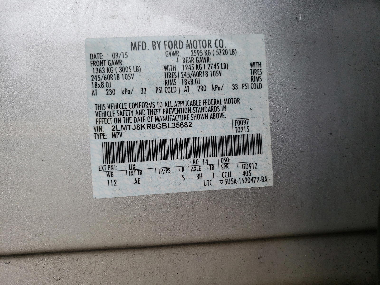 Photo 10 from auction – 2016 LINCOLN MKX SELECT with VIN 2LMTJ8KR8GBL35682
