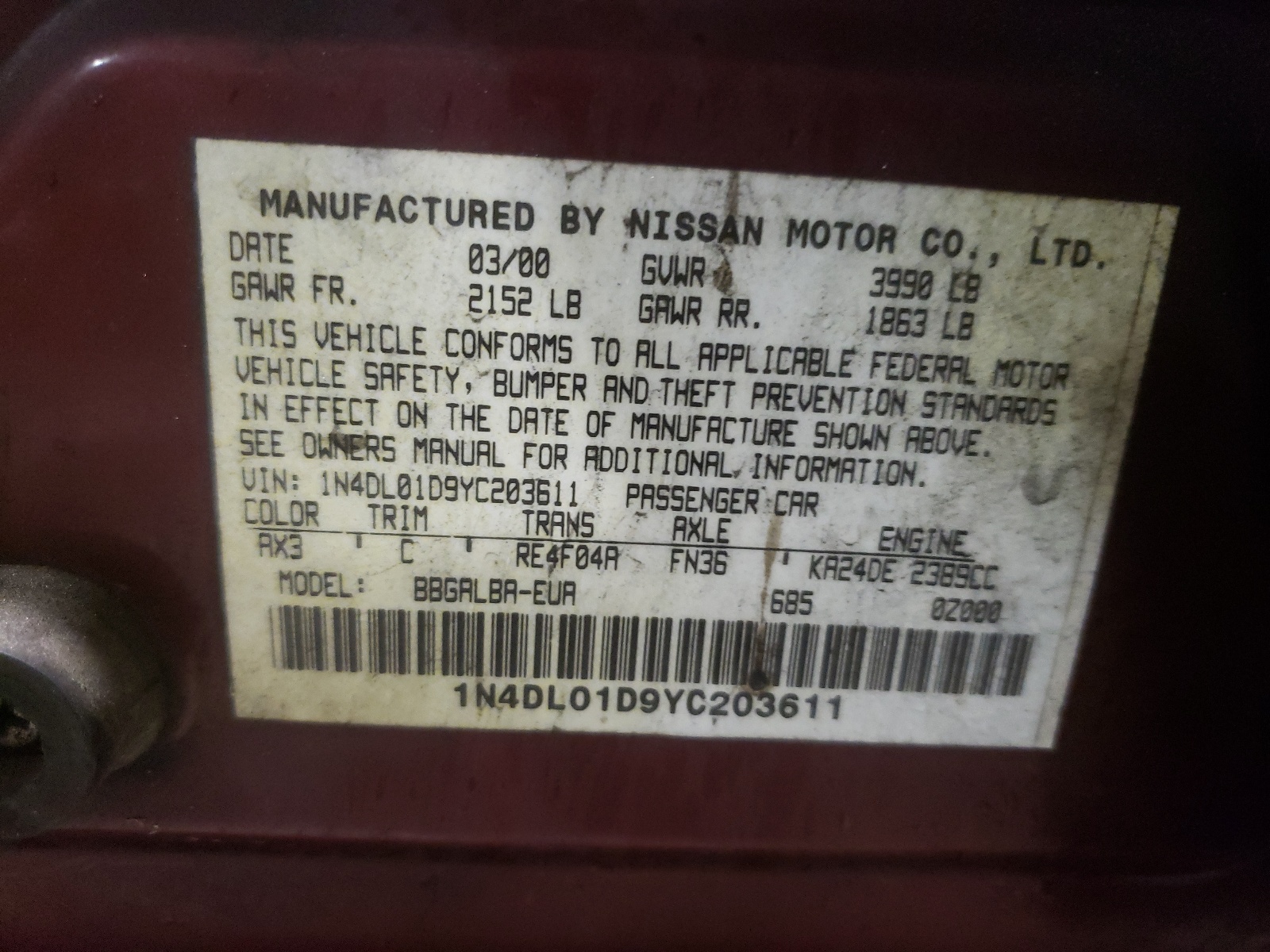 Photo 10 from auction – 2000 NISSAN ALTIMA XE with VIN 1N4DL01D9YC203611