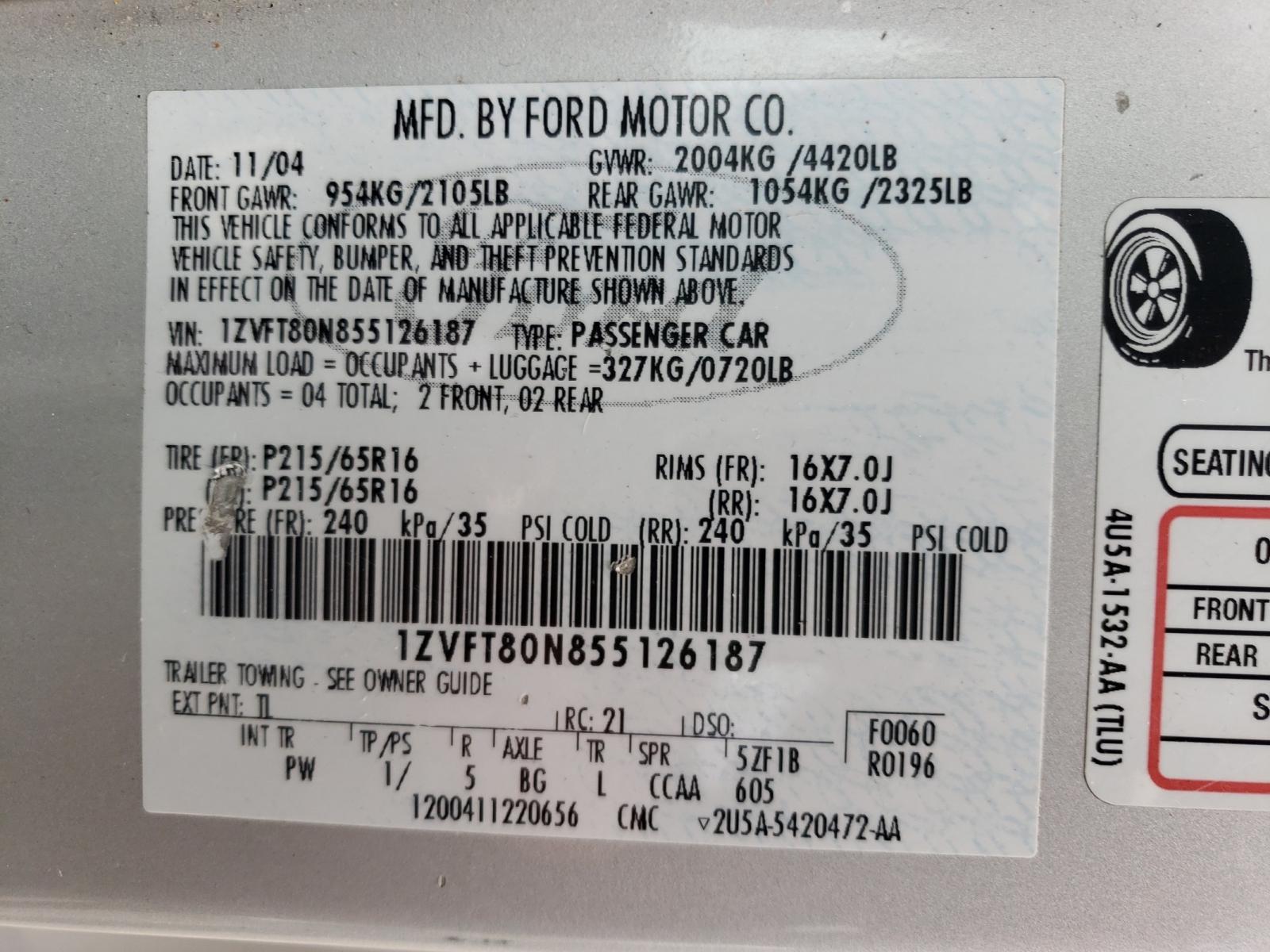 Photo 10 from auction – 2005 FORD MUSTANG with VIN 1ZVFT80N855126187