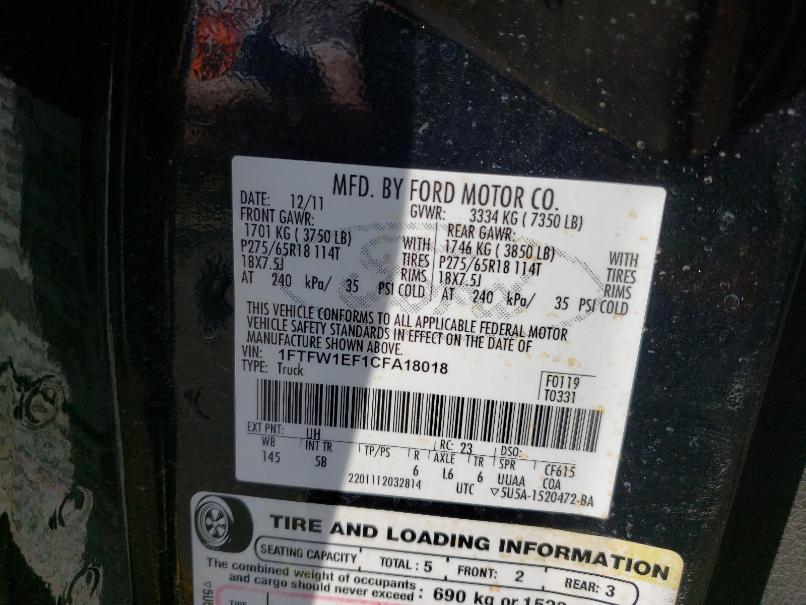 Photo 10 from auction – 2012 FORD F150 SUPER with VIN 1FTFW1EF1CFA18018