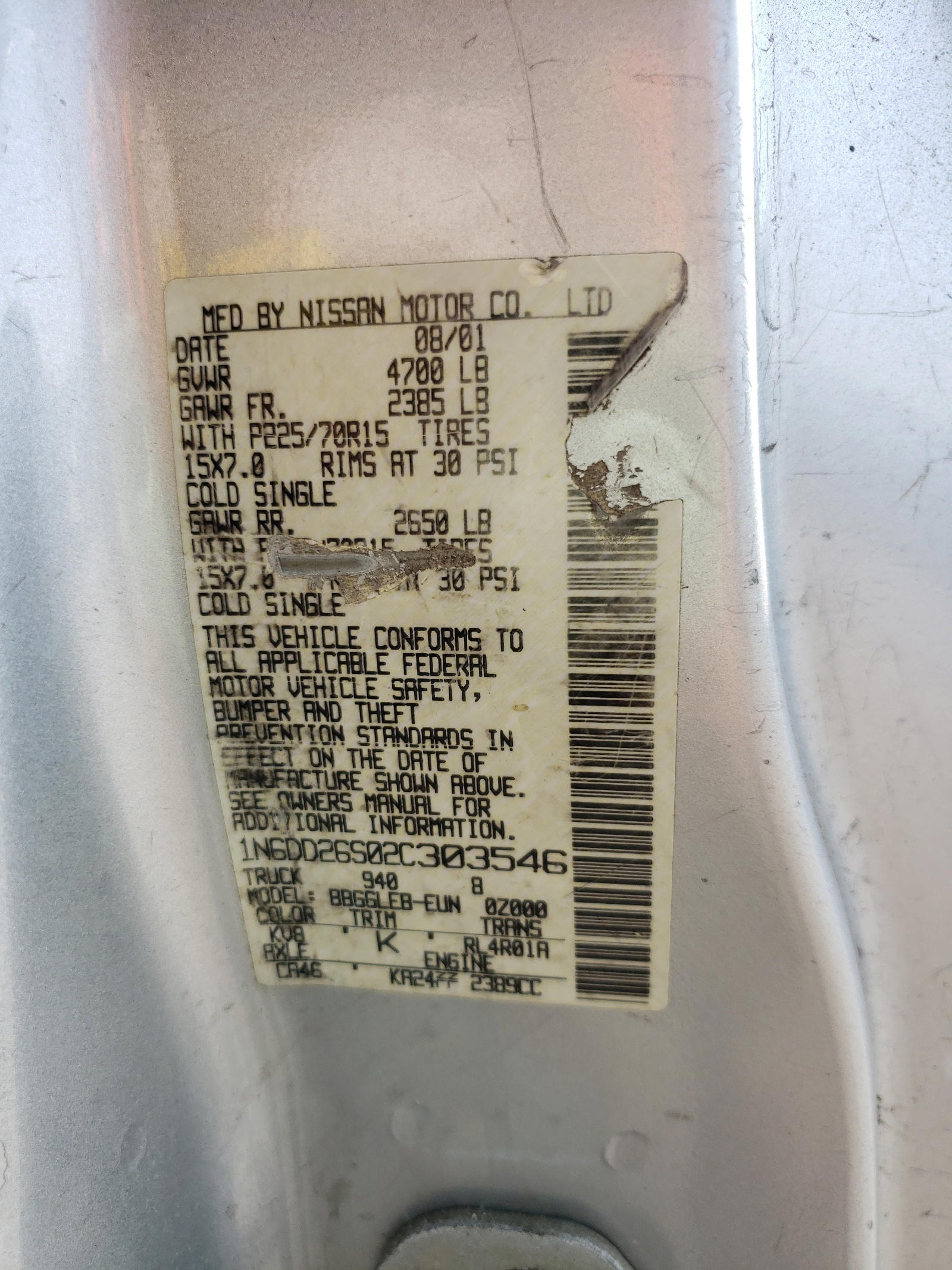 Photo 10 from auction – 2002 NISSAN FRONTIER K with VIN 1N6DD26S02C303546