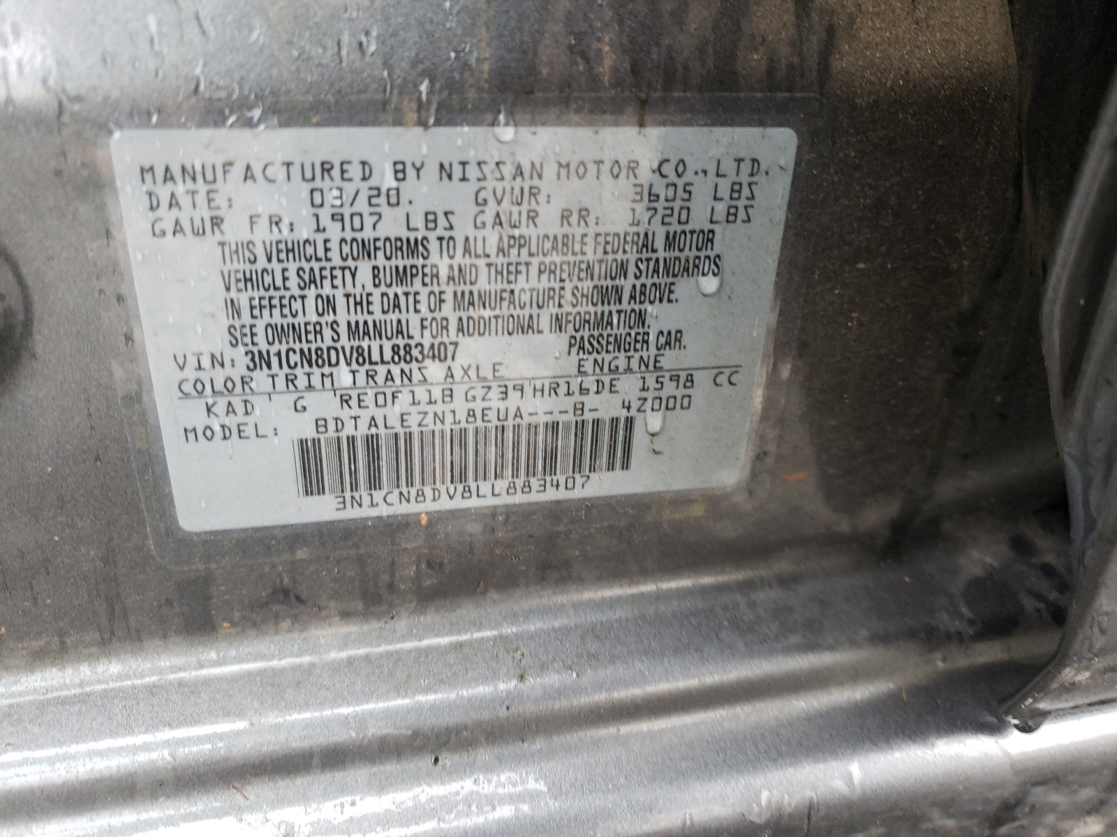 Photo 10 from auction – 2020 NISSAN VERSA S with VIN 3N1CN8DV8LL883407